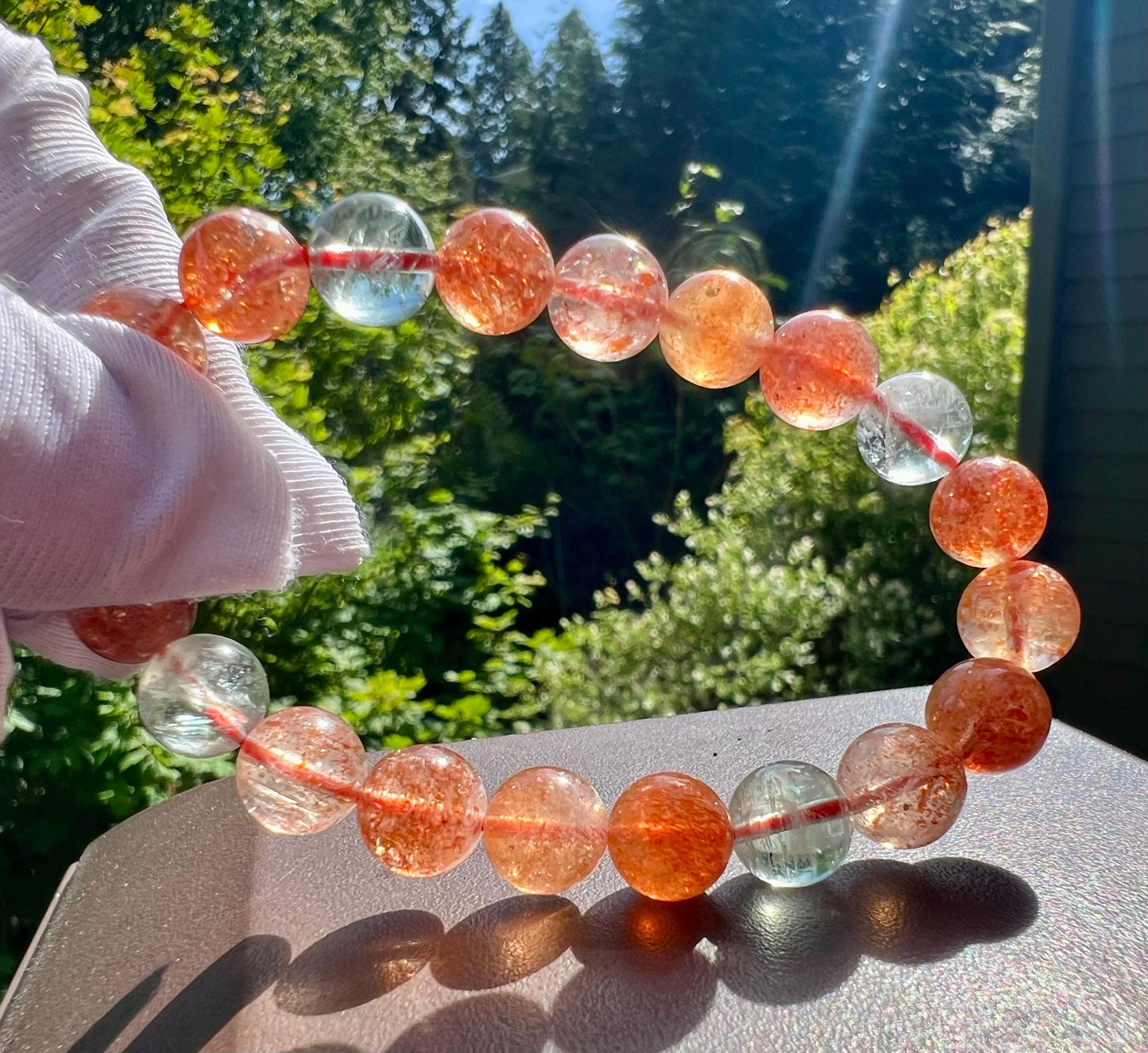 9.5mm Certified natural high quality Arusha bracelet, golden sunstone and light green Beryl/powerful crystal 天然阿鲁沙金太阳石金草莓绿柱石共生手串 #5502