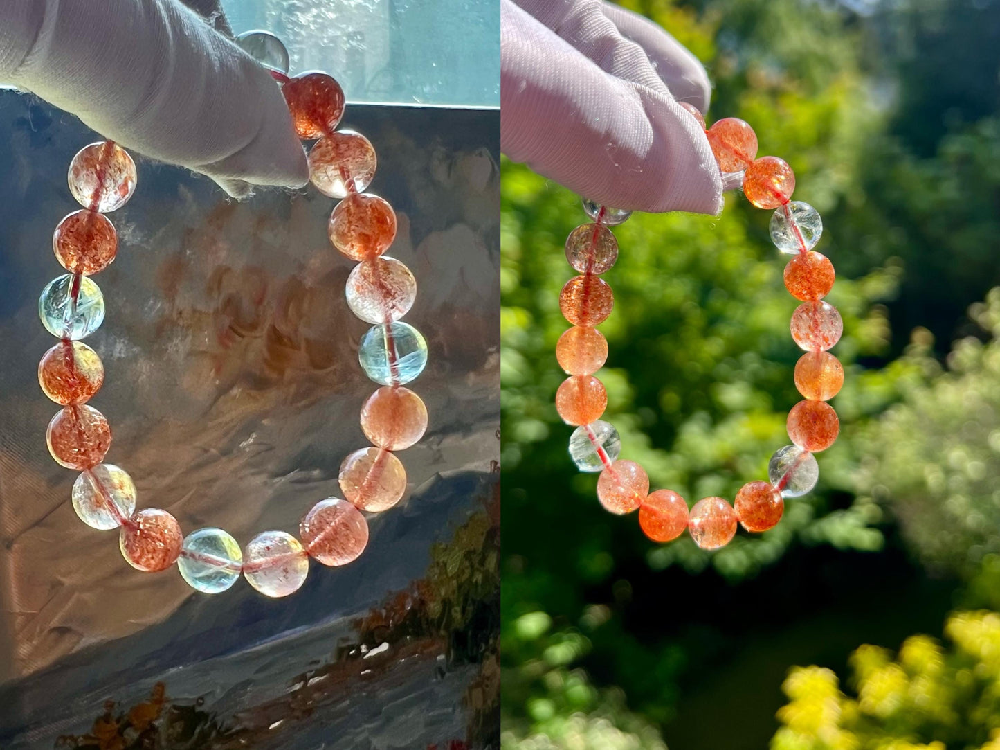 9.5mm Certified natural high quality Arusha bracelet, golden sunstone and light green Beryl/powerful crystal 天然阿鲁沙金太阳石金草莓绿柱石共生手串 #5502