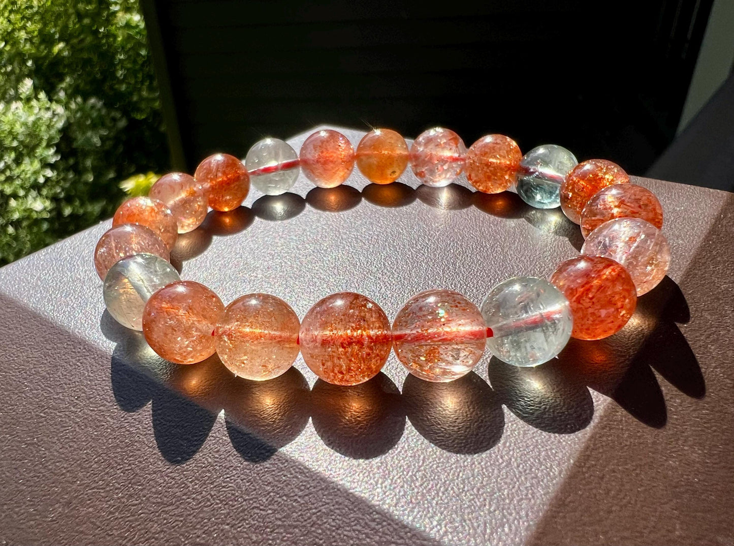 9.5mm Certified natural high quality Arusha bracelet, golden sunstone and light green Beryl/powerful crystal 天然阿鲁沙金太阳石金草莓绿柱石共生手串 #5502