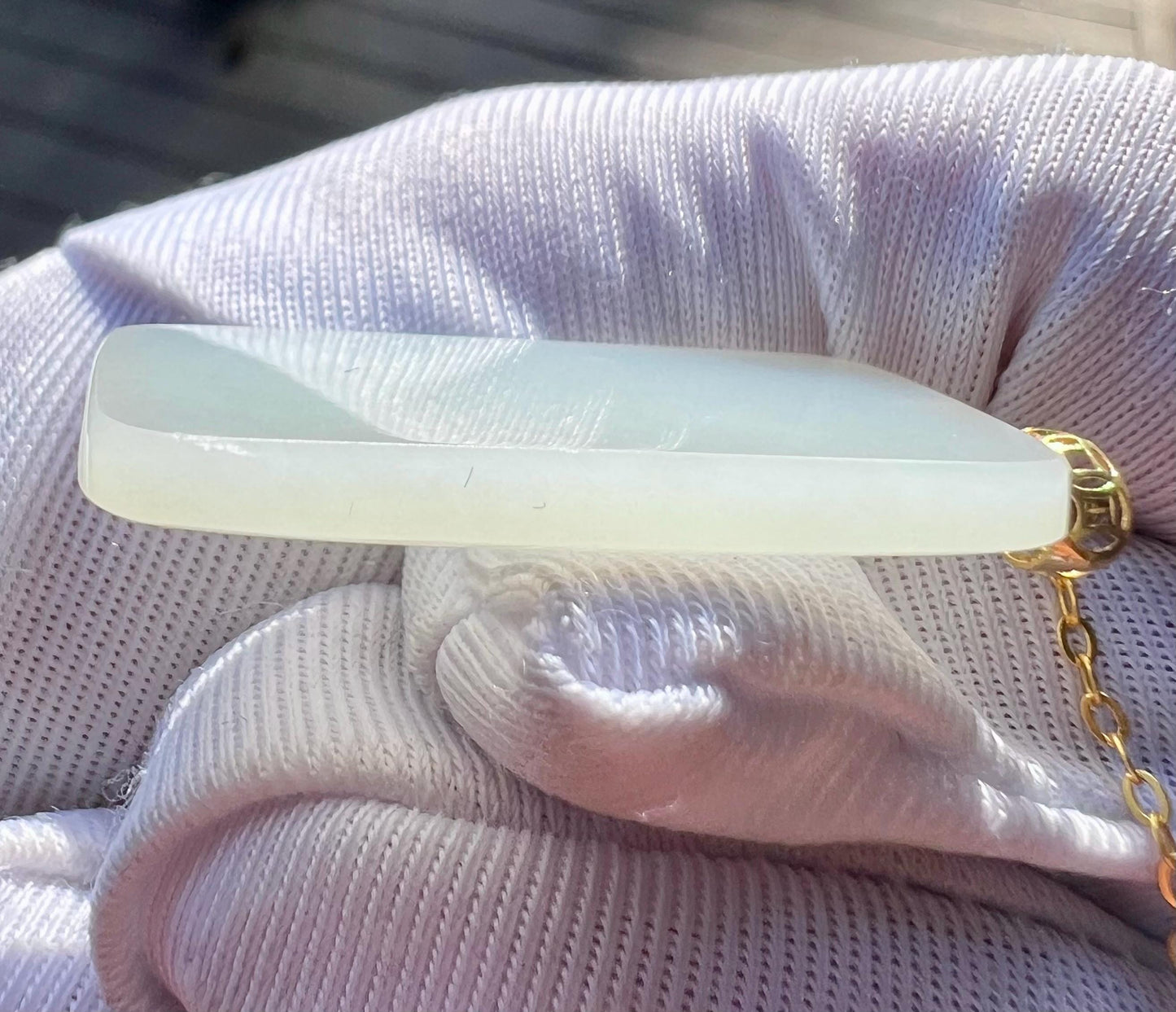 Certified natural jade / Siberian white nephrite/rectangle pendant necklace/gold 18k 天然精品 软玉 俄料白玉长方形吊坠 无事牌 18k金扣头#2722 细料一级白