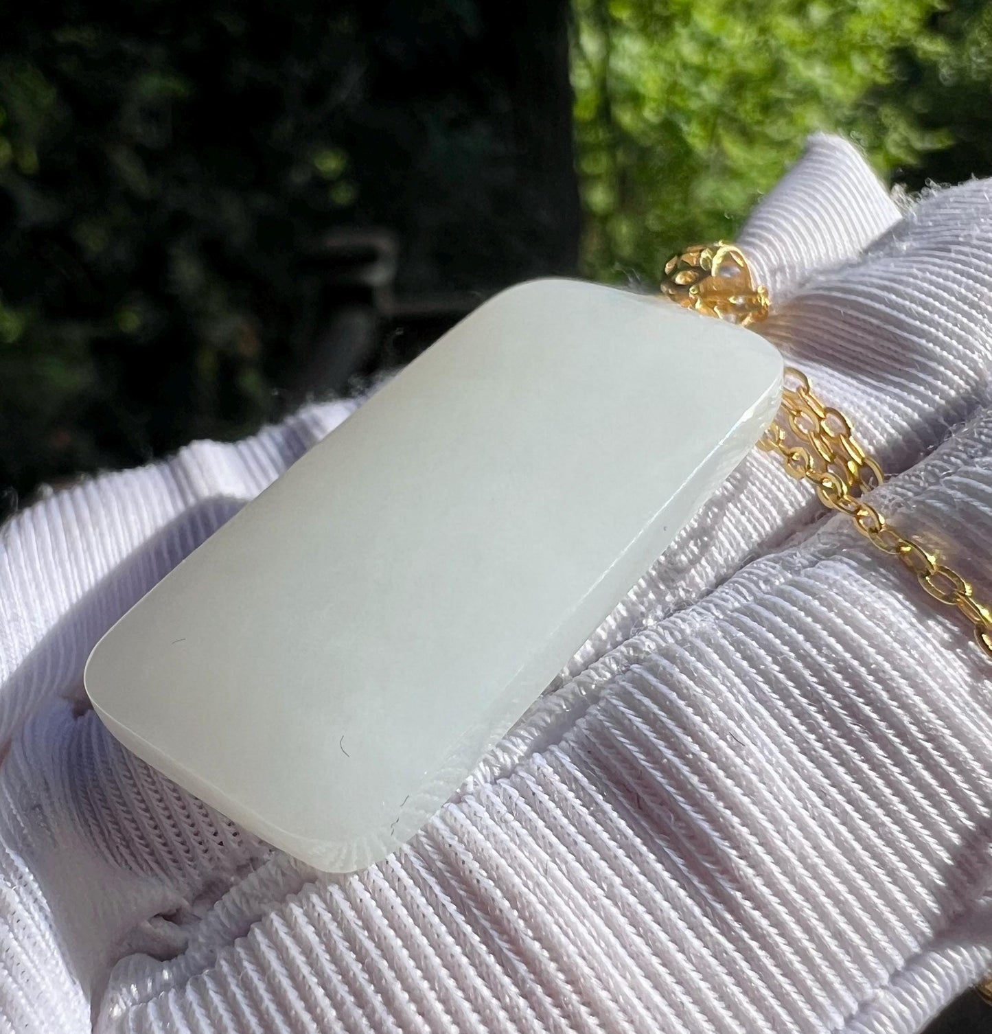 Certified natural jade / Siberian white nephrite/rectangle pendant necklace/gold 18k 天然精品 软玉 俄料白玉长方形吊坠 无事牌 18k金扣头#2722 细料一级白