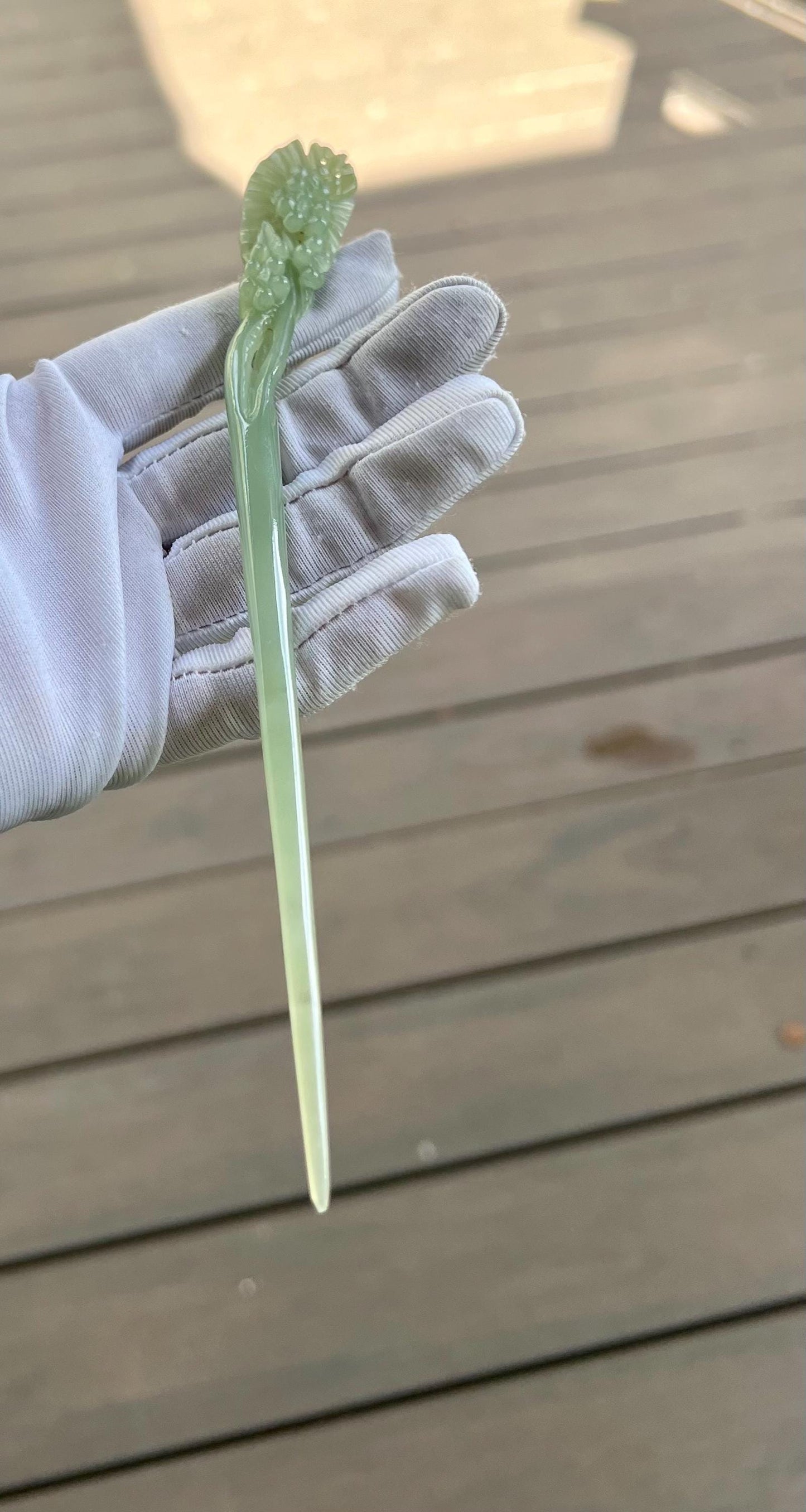 Certified natural Jade/ Qinghai icy lake green nephrite hand made Wintersweet double-sided carving hairpin/hairgrip天然精品青海老矿冰湖水绿 双面精雕梅花玉扇发簪/发笄#7258