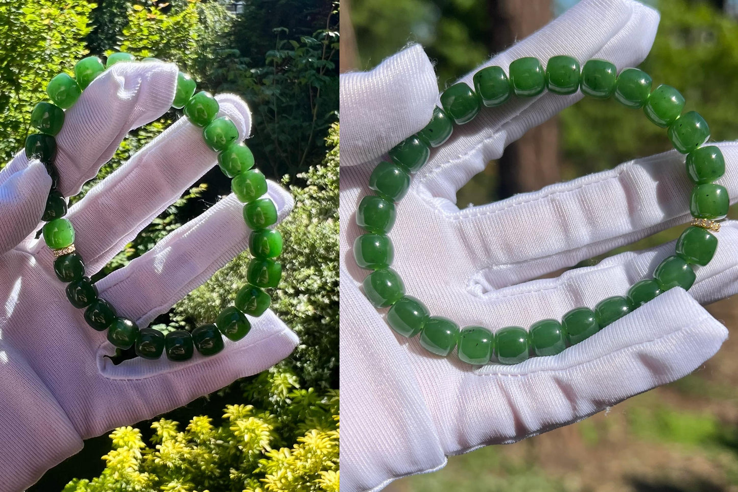 8*7mm Certified natural nephrite green jade /Siberian Green nephrite bracelet /rich green/straight cut beads天然碧玉 手串 辣阳绿 直切珠极限弧手串 #1733