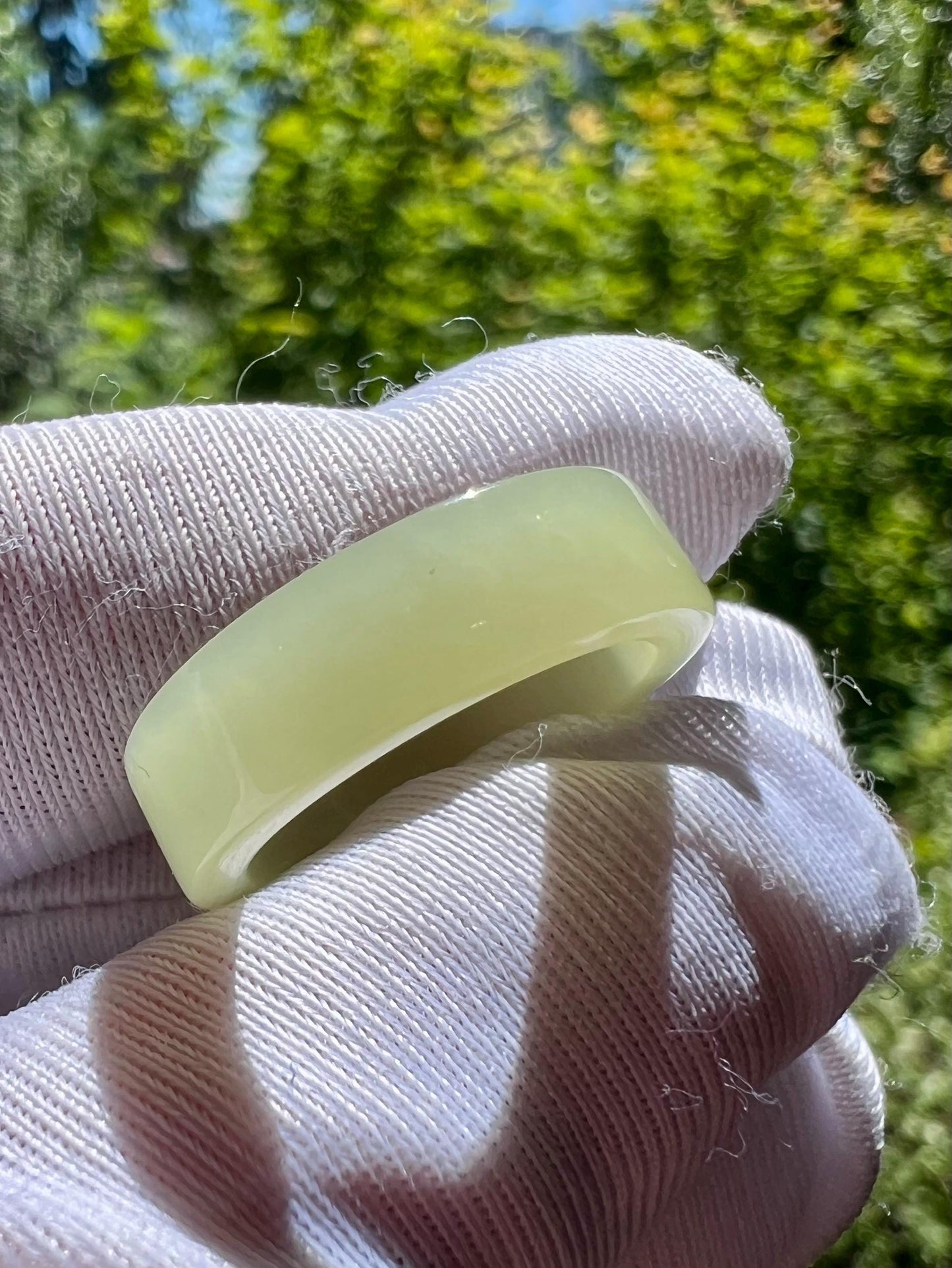 15.1mm Certified natural jade Qinghai greenish yellow nephrite ring/nephrite pinky ring 天然软玉 青海黄口料带翠调 戒指 指环 细糯润 尾戒#7261 直切戒圈 US size4 1/4