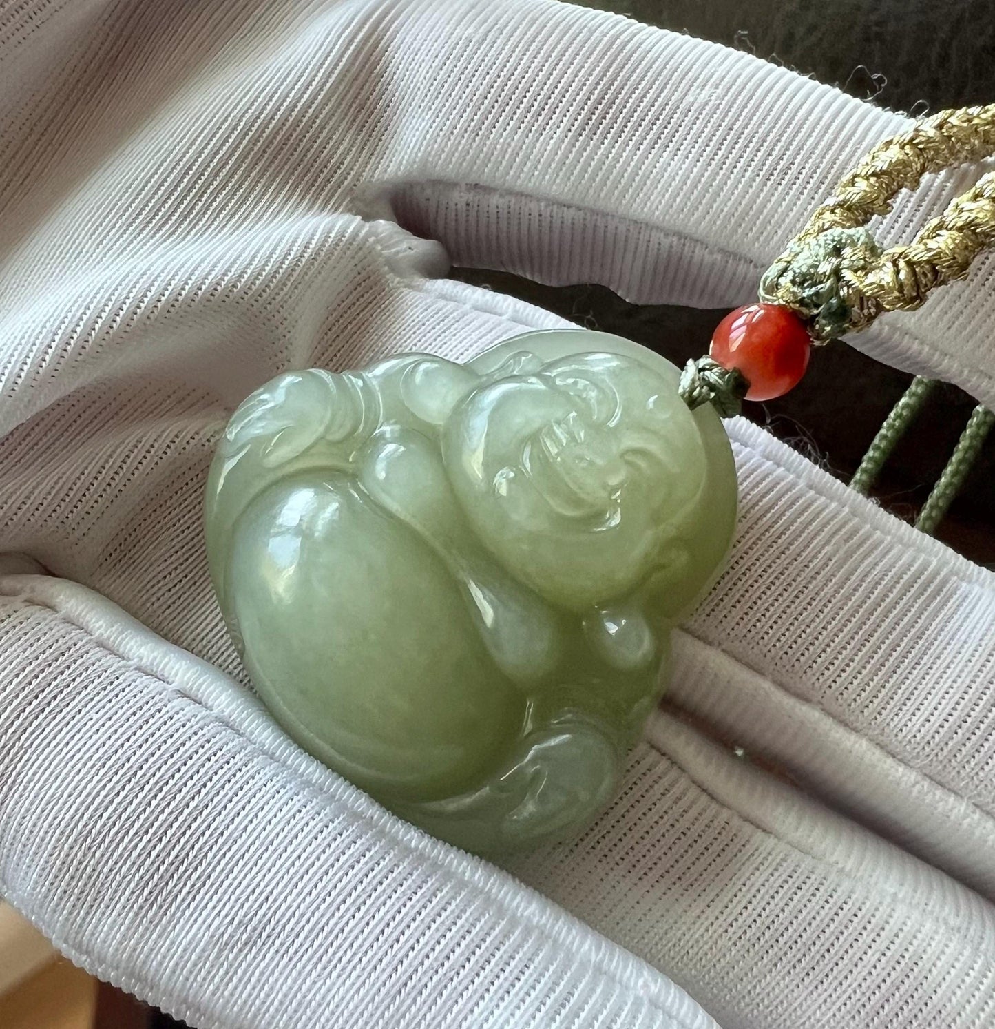 30mm Certified natural jade/greenish Nephrite carved Maitreya Buddha pendant/ necklace 天然软玉 晴水玉佛公吊坠 笑佛 弥勒佛#3176 油糯细润