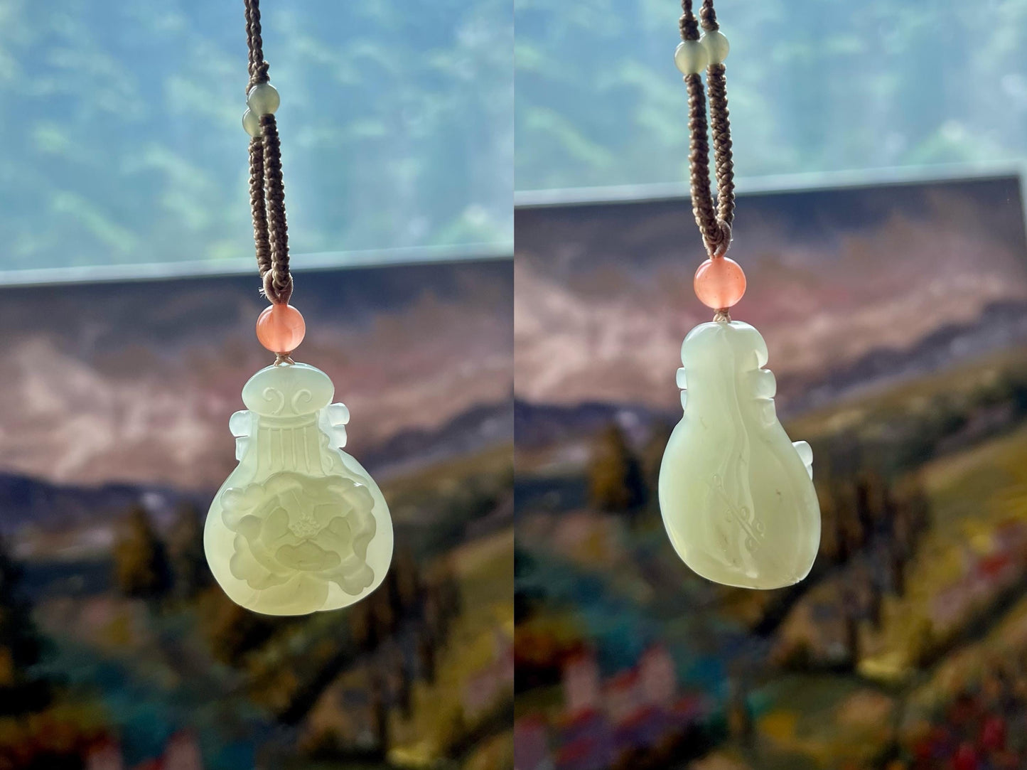 Certified natural jade/Qingshui nephrite carved lute and peony pendant/icy light green nephrite necklace 天然软玉 晴水雕刻琵琶牡丹吊坠 #6643