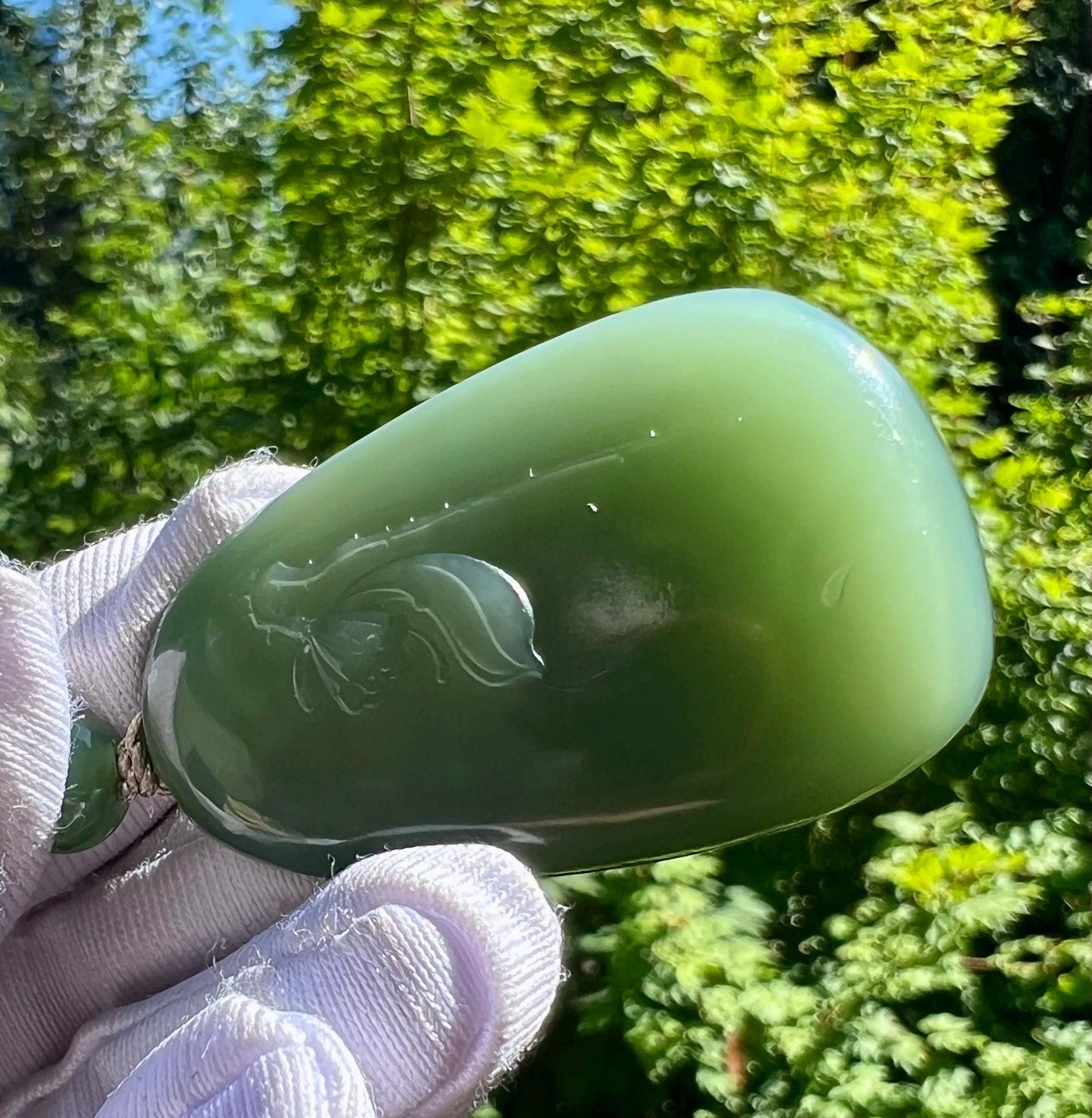 Certified natural nephrite green jade/Siberian green nephrite carved lotus flower pendant/necklace/bluish green 天然软玉 碧玉无事牌 手工雕刻荷花吊坠 肉底粉青起莹光#5098