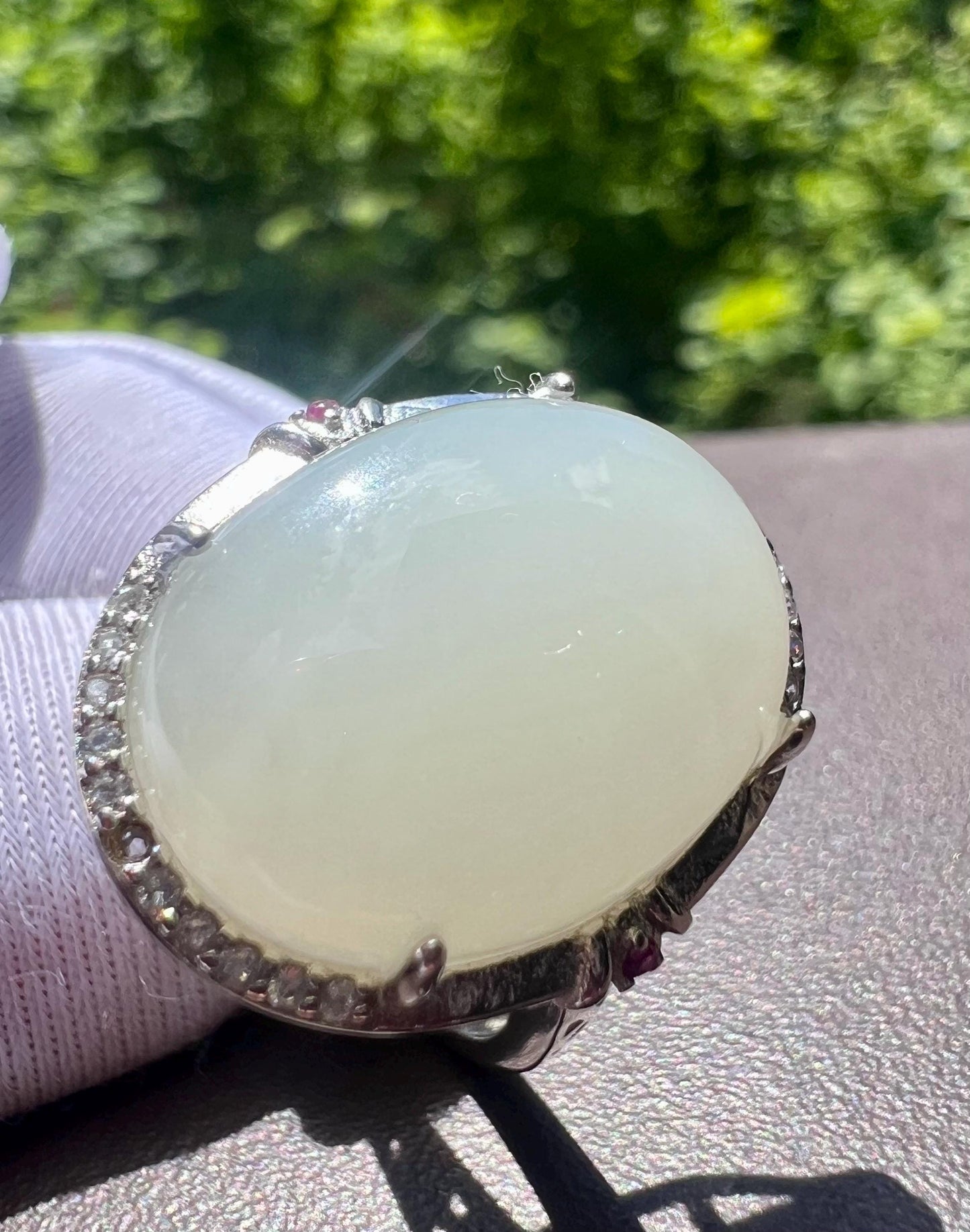 Certified natural jade/Qinghai white nephrite ring Sterling Silver ring/oval shaped icy white nephrite/ 天然精品软玉 白玉蛋面纯银镶戒指/指环#0380 冰润糯白