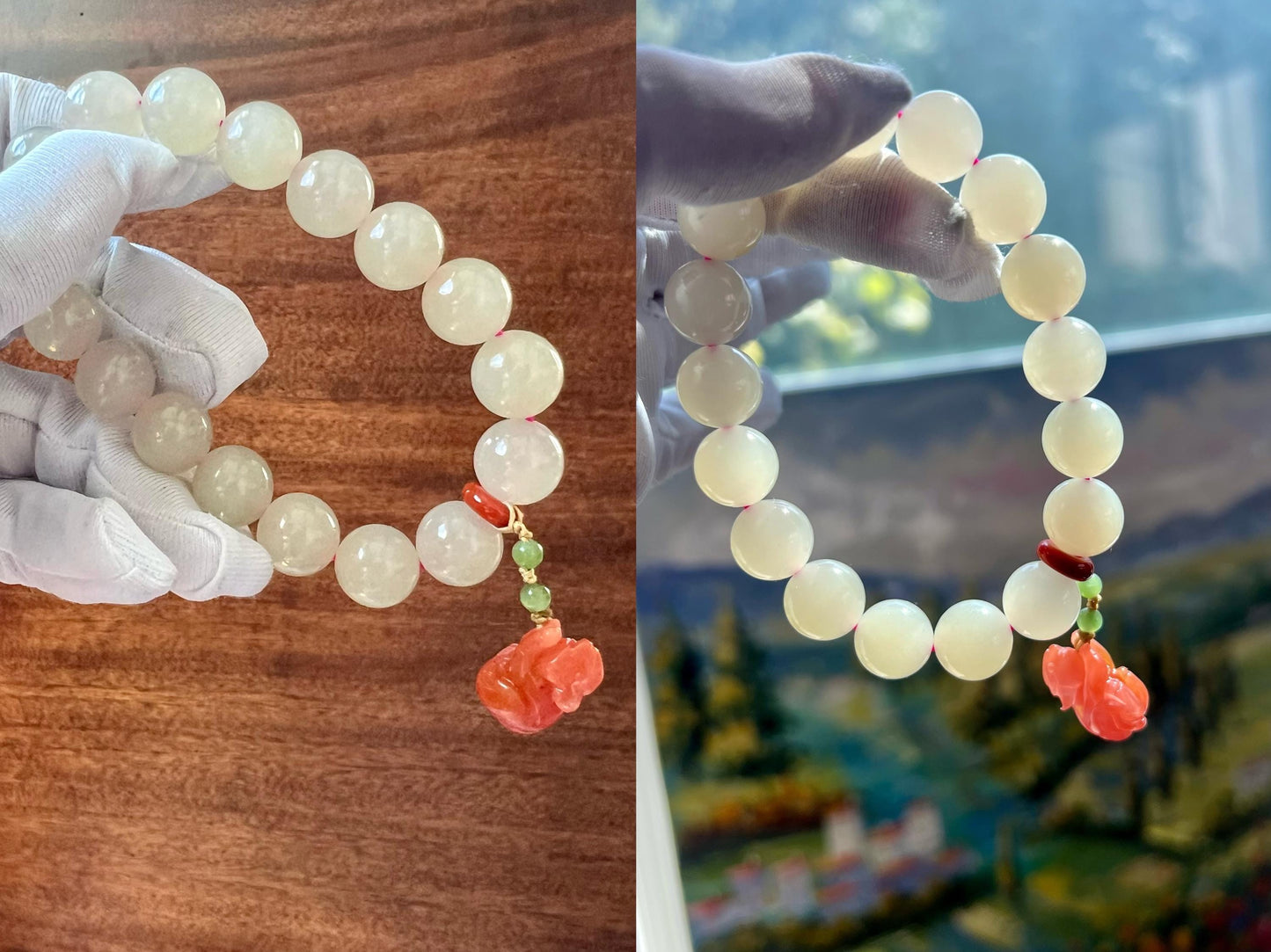 12mm Certified natural jade/Qinghai lotus root pink nephrite bracelet/Baoshan Nanhong mouse charm 天然精品软玉 藕粉手串 冰糯果冻料 胶感足起莹光 #3078 肉粉色 搭配保山南红鼠来宝挂件