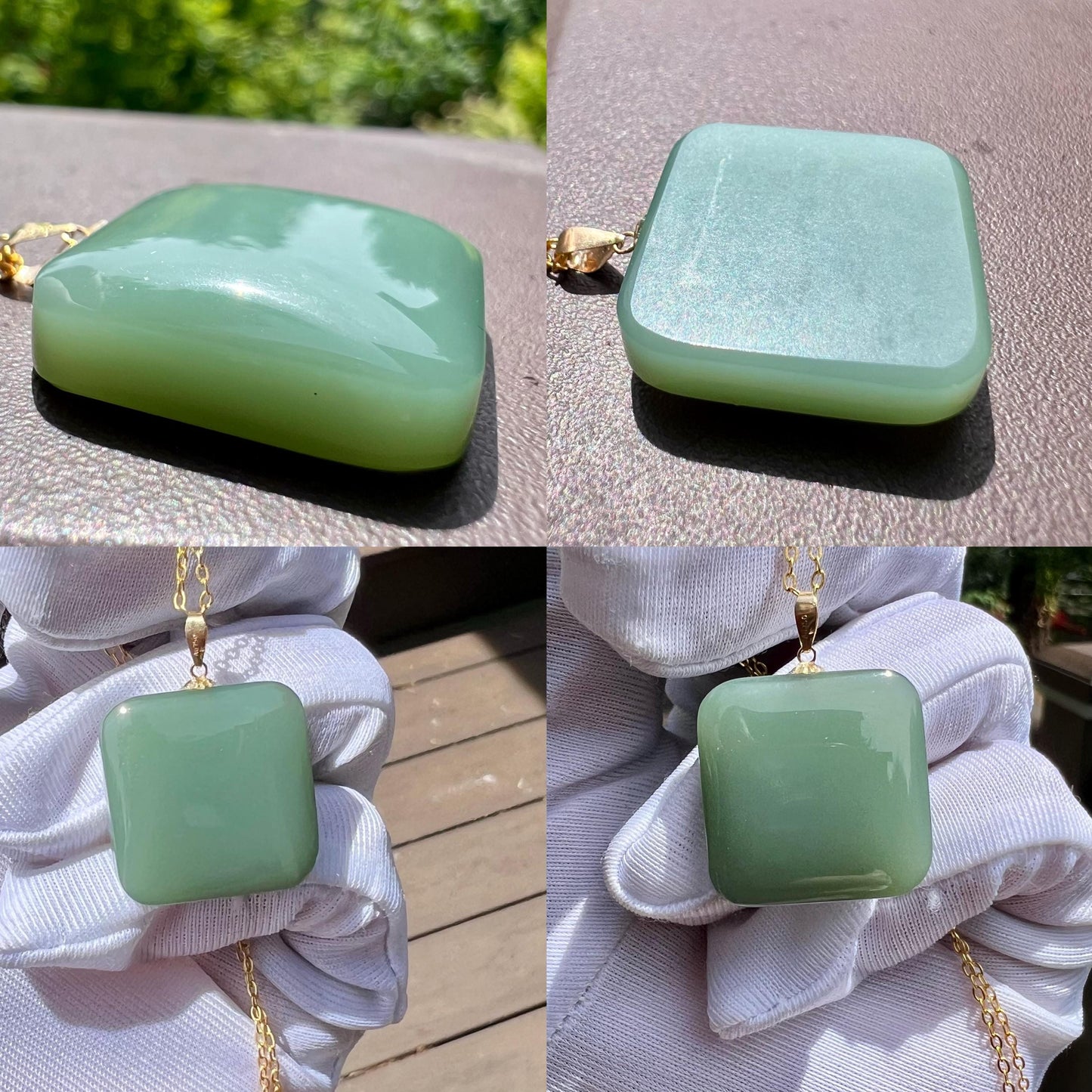 Certified natural nephrite green jade/bluish green nephrite safety pendant/nothing pendant necklace/gold 18k天然软玉 碧玉粉青无事牌 18k金扣头#7424 特细无结构