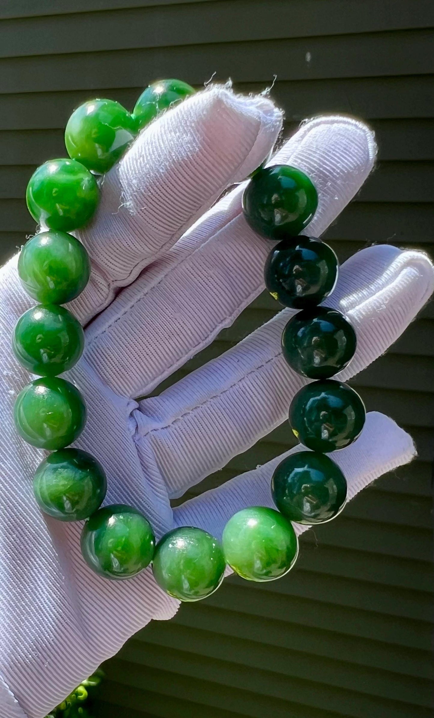 12.7mm+ Certified natural nephrite green jade/Siberian Gradient green nephrite Bracelet/ rich green nephrite/天然俄料碧玉手串 白加绿 色浓油润 #4589