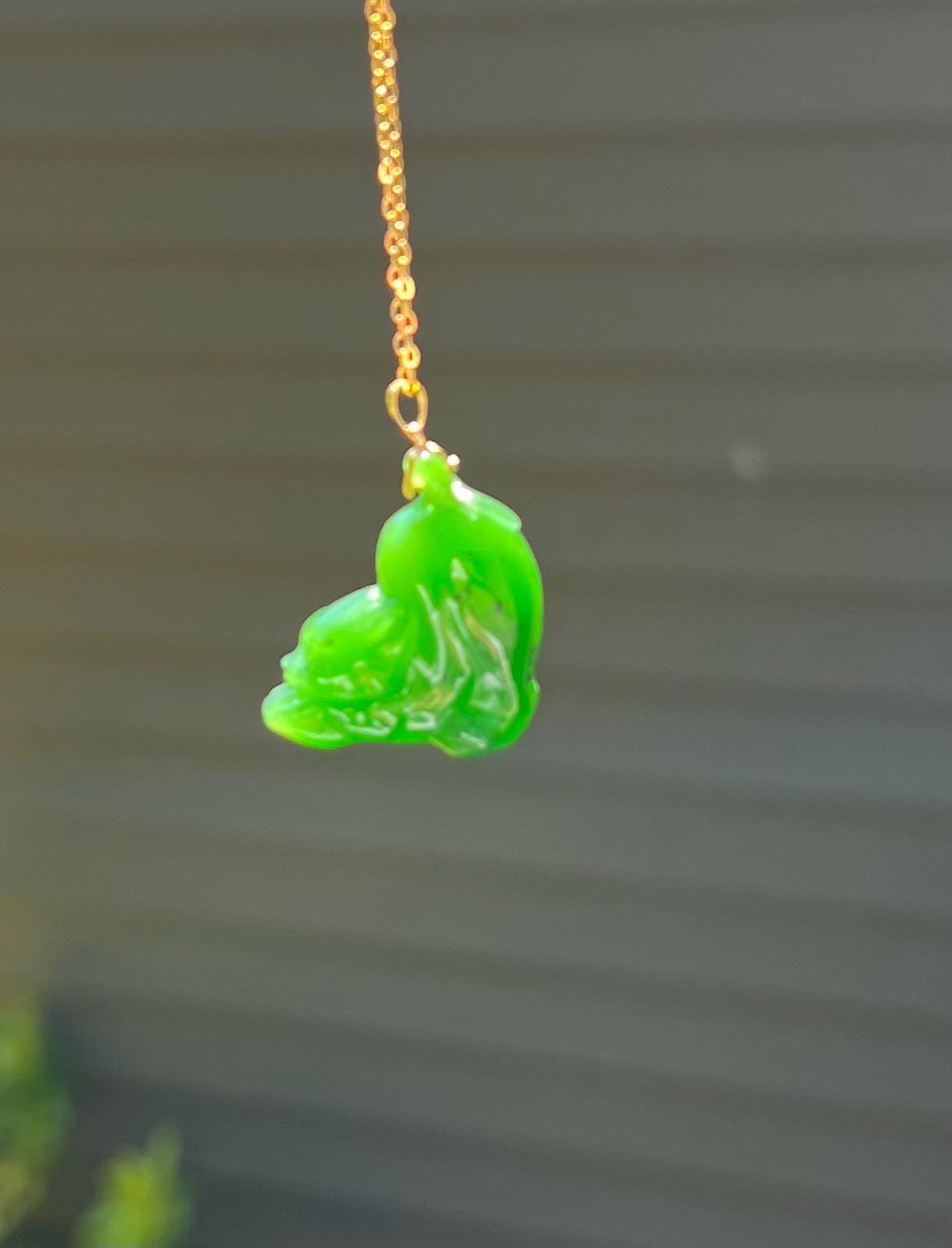 Certified natural nephrite green jade/Siberian rich green nephrite carved squirrel pendant necklace/gold 18k天然碧玉 浓色辣绿松鼠吊坠 #2730胶糯起莹光