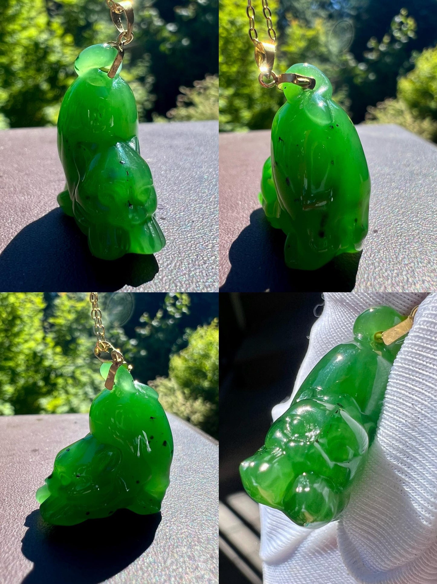 Certified natural nephrite green jade/Siberian rich green nephrite carved squirrel pendant necklace/gold 18k天然碧玉 浓色辣绿松鼠吊坠 #2730胶糯起莹光
