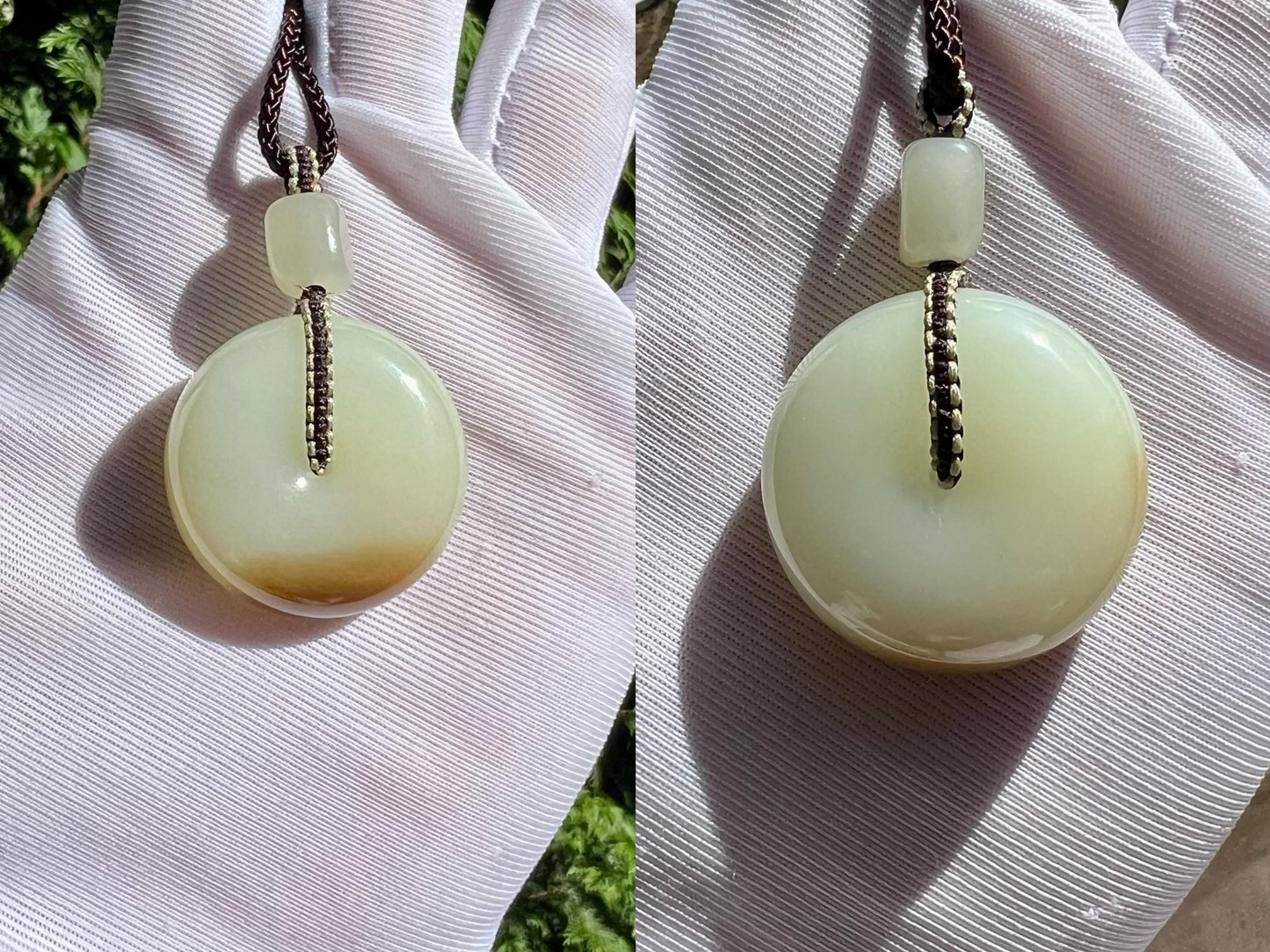 Certified natural jade/Qiemo brown White Nephrite donut pendant/circle safety pendant/red golden brown 天然精品软玉 糖白玉 平安扣 吊坠 项链 #1396 天地糖 高油糯