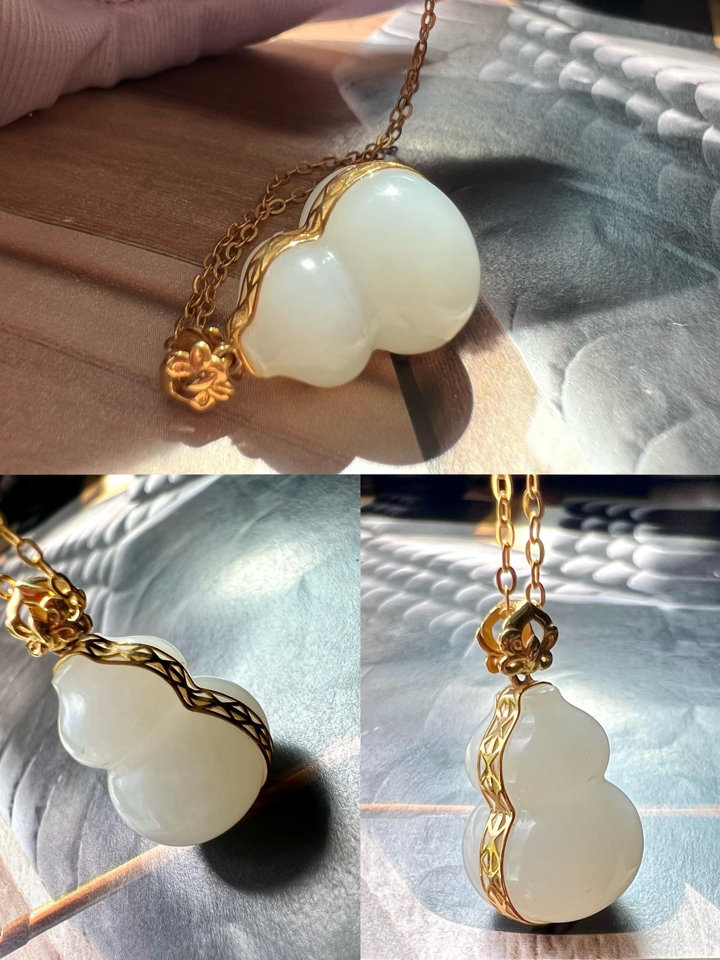 Certified natural jade/Siberian White Nephrite lucky gourd pendant/Mutton fat white nephrite pendant necklace/gold 18k天然精品软玉 俄料白玉葫芦 吊坠 18k金镶嵌 #7405 脂白