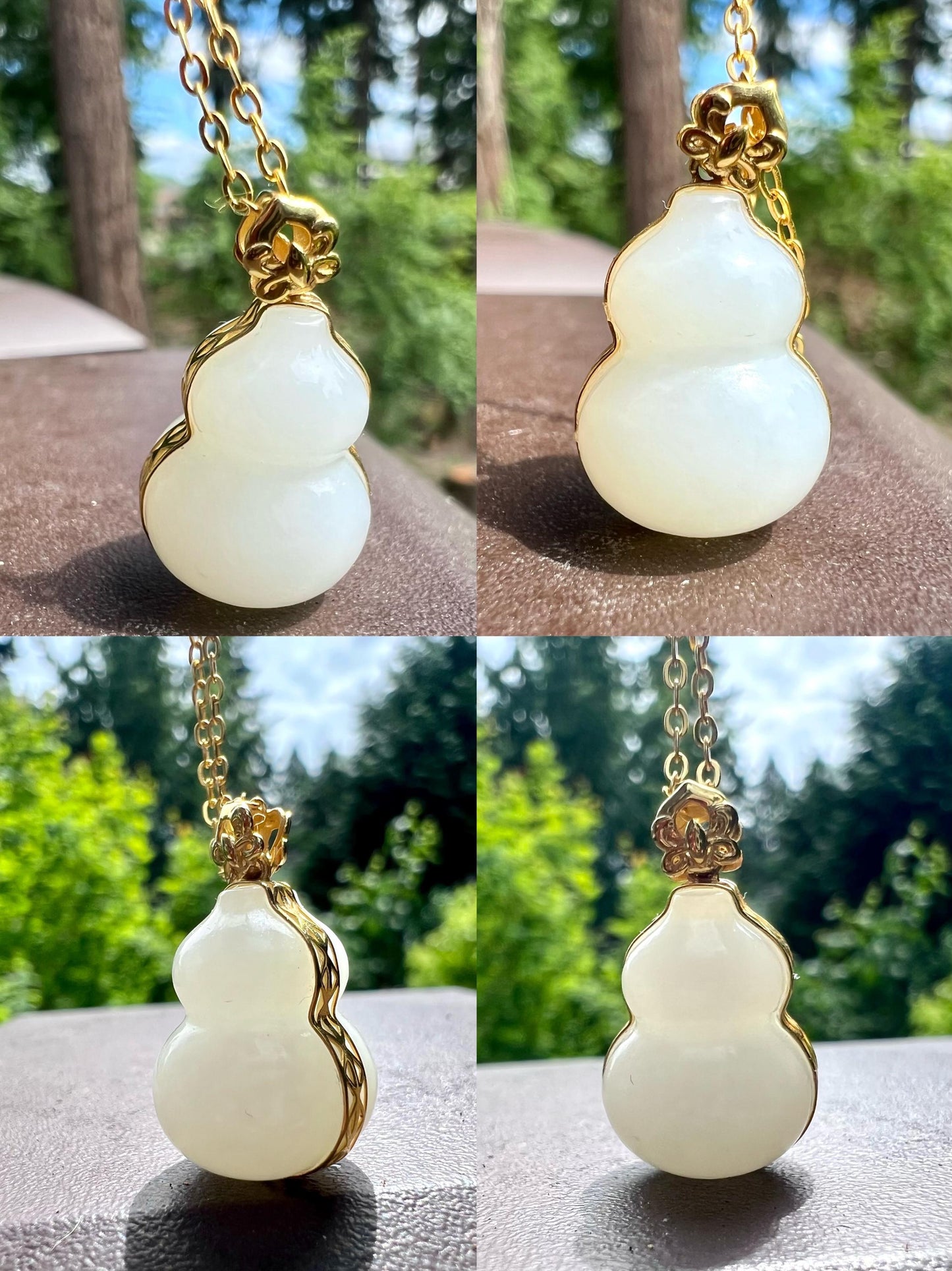 Certified natural jade/Siberian White Nephrite lucky gourd pendant/Mutton fat white nephrite pendant necklace/gold 18k天然精品软玉 俄料白玉葫芦 吊坠 18k金镶嵌 #7405 脂白