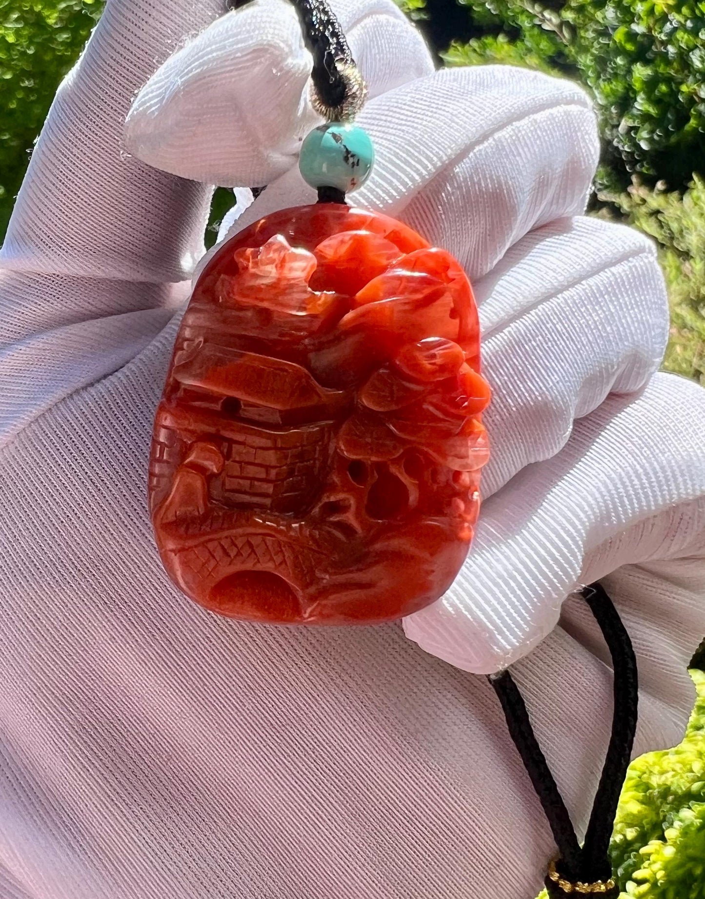 Certified natural Nanhong agate carved landscape Pendant necklace, Southern Red Agate Pendant,天然精品川料南红手工雕刻山水之间 吊坠 项链 #9441 红润
