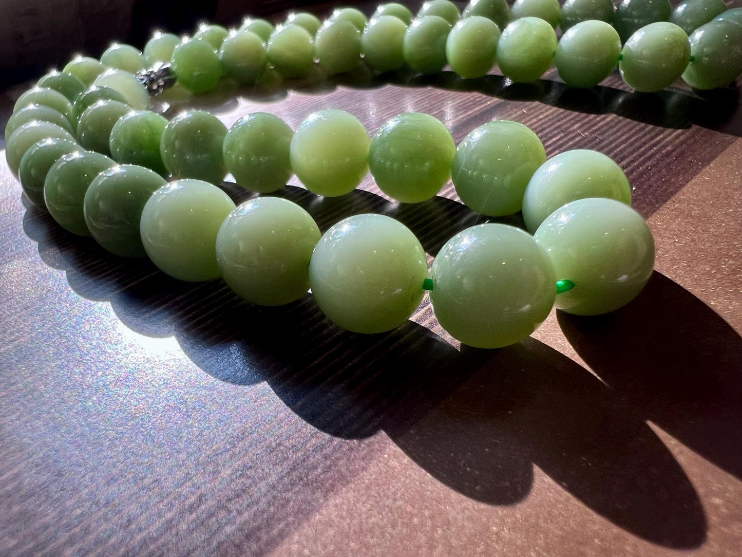 9.5mm Certified natural nephrite green jade/ bluish green nephrite necklace 天然精品软玉 碧玉项链 粉青起莹光 #3070 肉底 夹层料