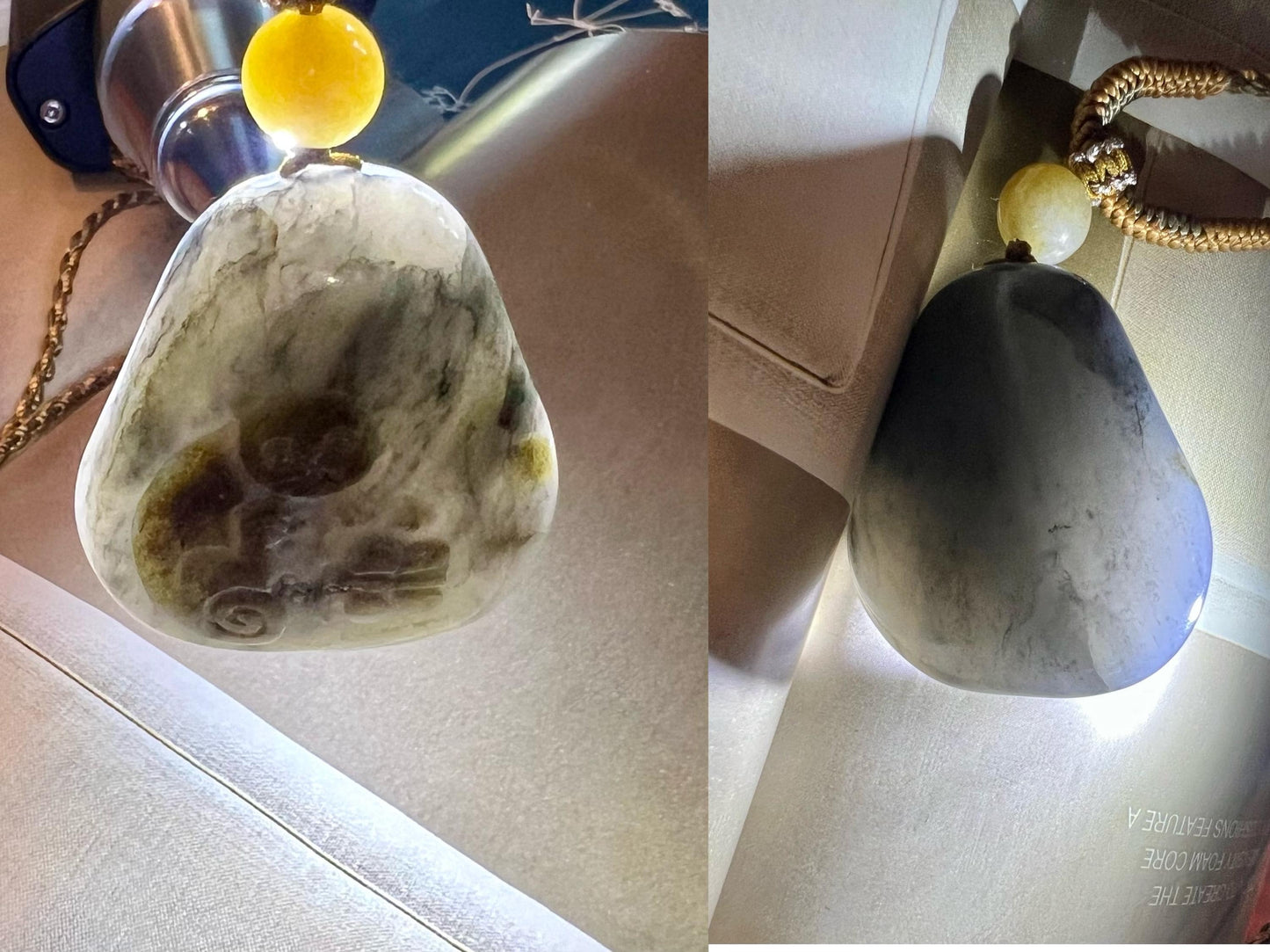 Certified natural jade /Qinghua nephrite Kitten butterfly pendant necklace/river nephrite with original skin天然软玉 玉龙河子料青花雕刻小猫扑蝶吊坠 #7953 独子原皮