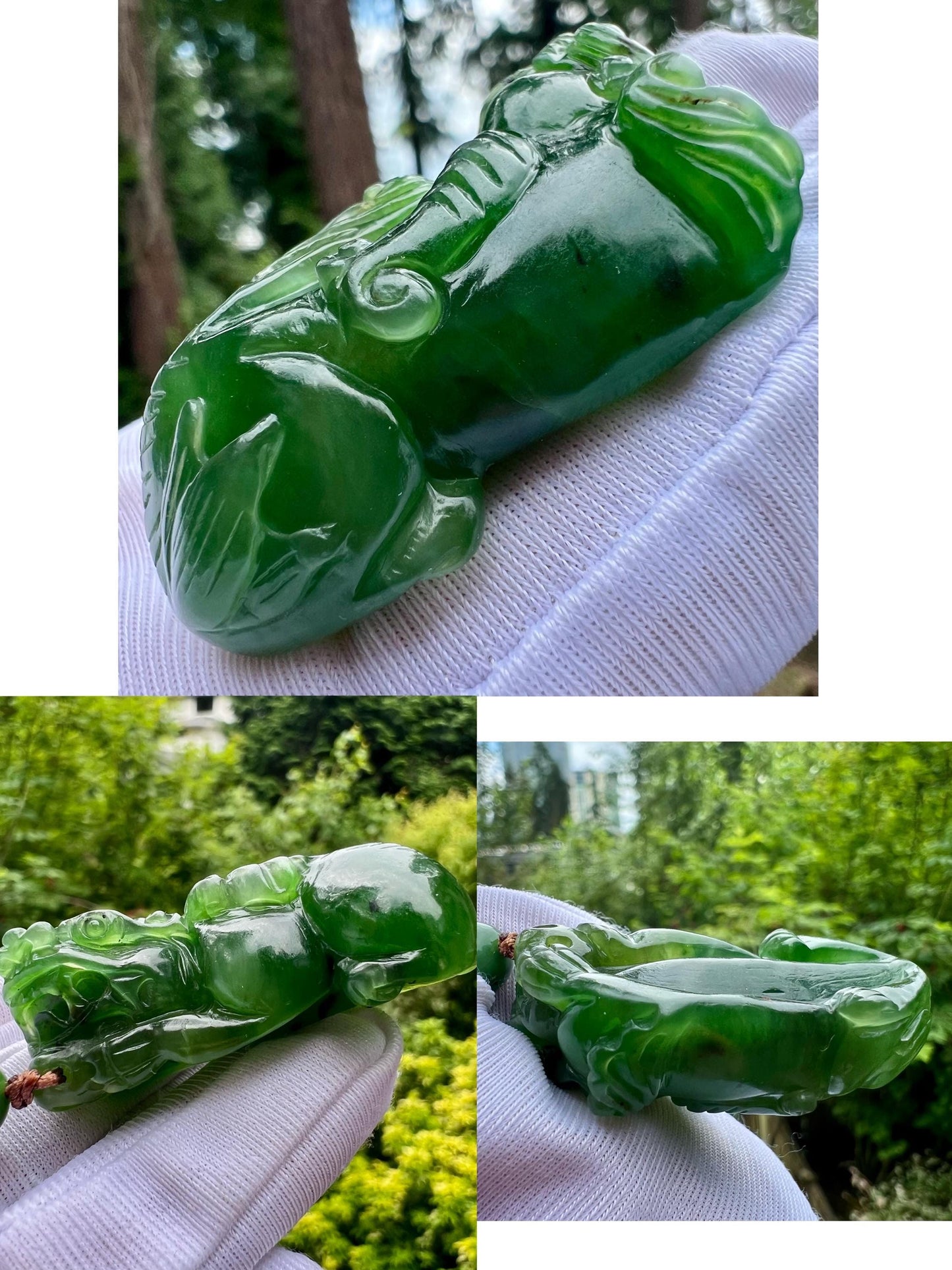 Certified natural nephrite green jade, rich green nephrite carved Pixiu pendant necklace/天然碧玉 浓绿貔貅吊坠 油润起胶#3969 手工雕刻