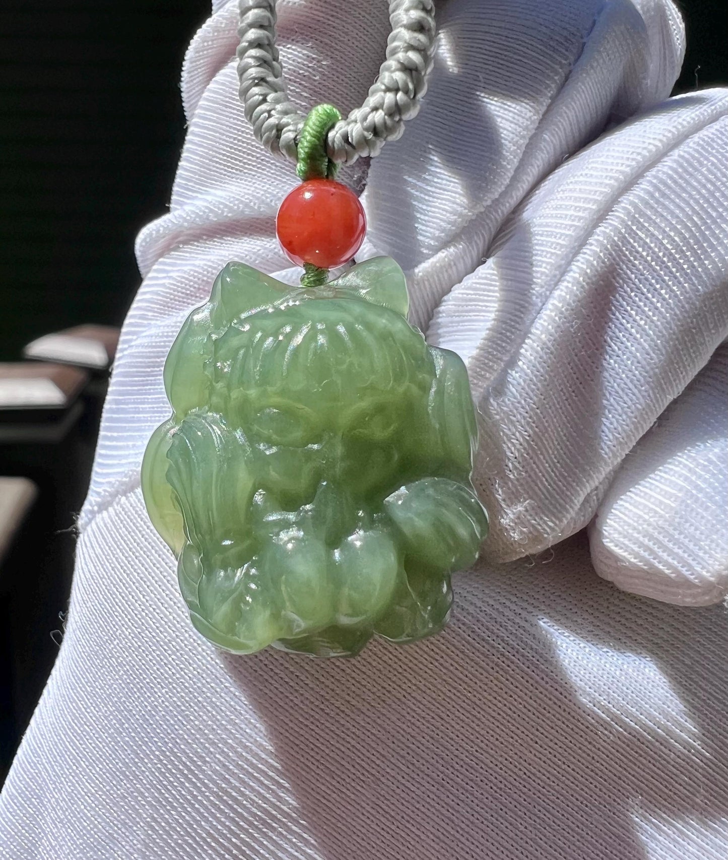Certified natural jade/lake green nephrite carved Nine-tailed Fox pendant necklace/天然软玉 老料湖水绿九尾狐/狐仙吊坠 胶糯润#6571
