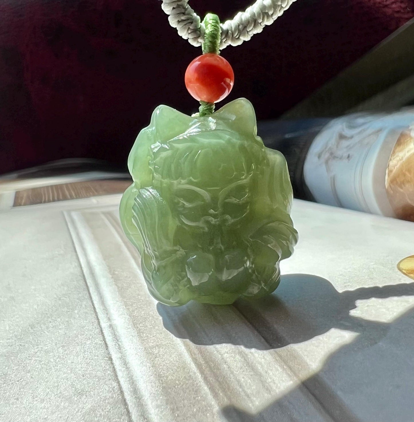 Certified natural jade/lake green nephrite carved Nine-tailed Fox pendant necklace/天然软玉 老料湖水绿九尾狐/狐仙吊坠 胶糯润#6571