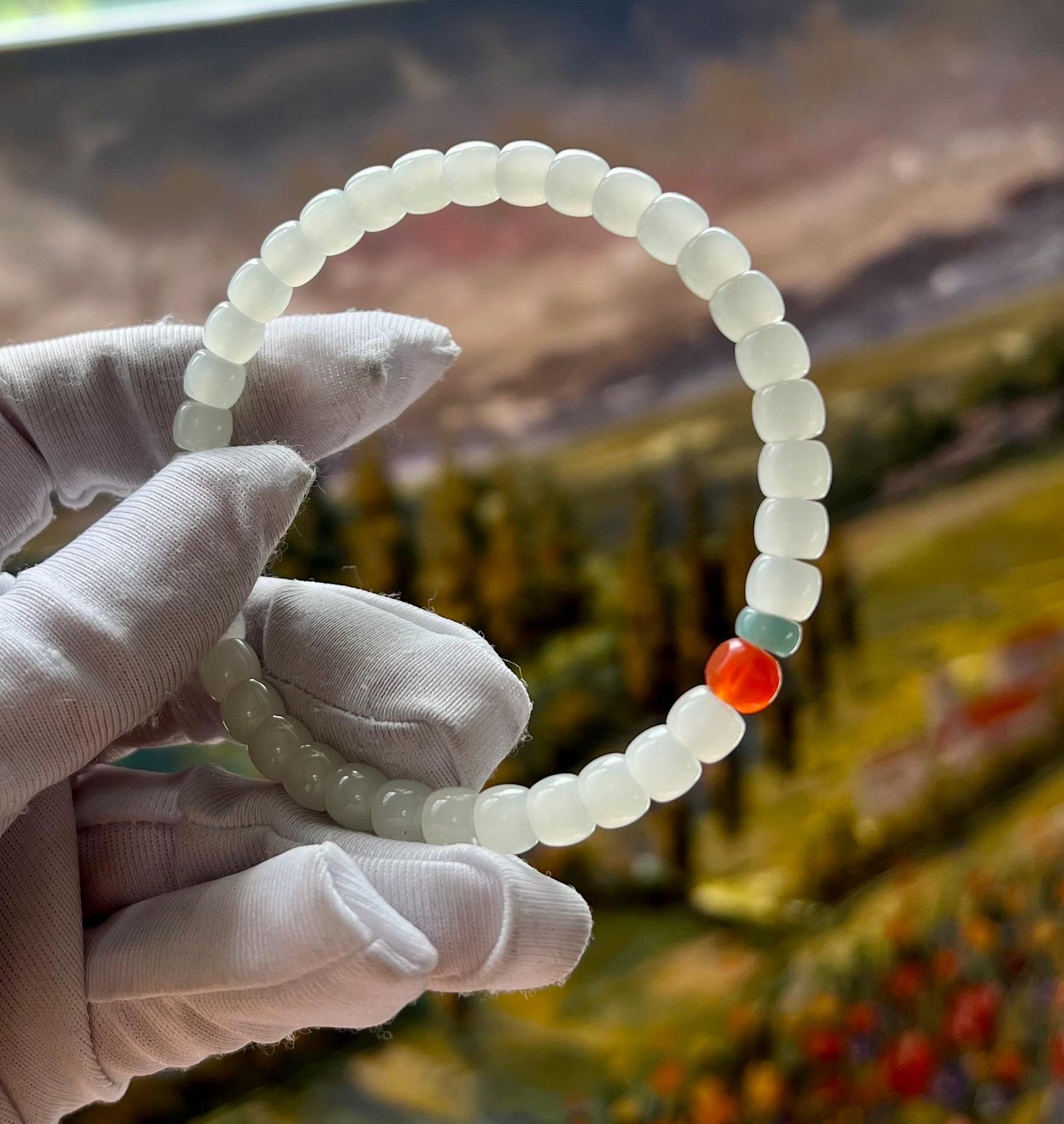 6*5mm Certified natural jade /Qinghai icy white Nephrite bracelet/straight cut beads天然精品软玉 青海直切老型珠 高冰白玉 月光白#2124 老熟胶糯