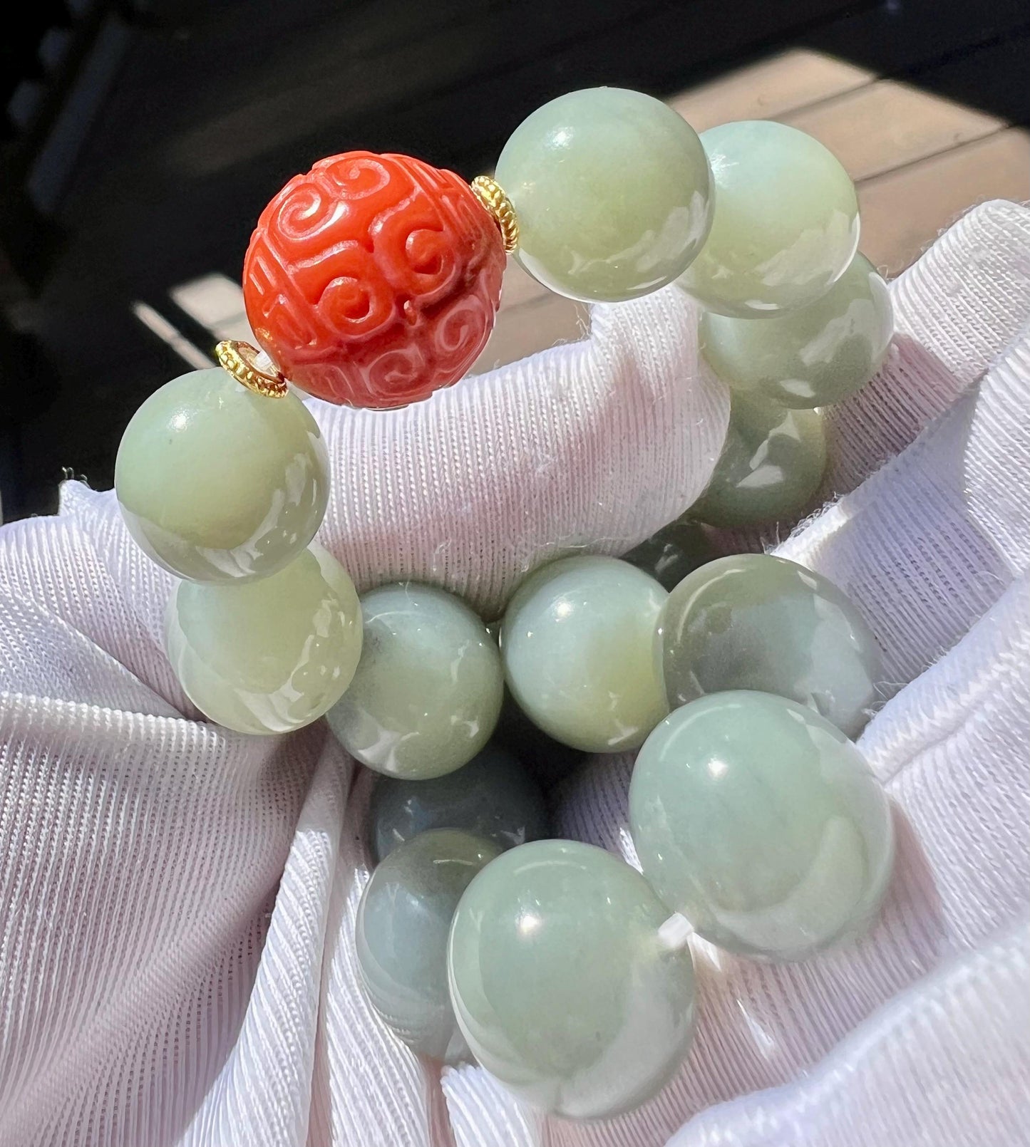 12mm Certified natural jade/Ruoqiang black and green nephrite/Qinghua nephrite beads bracelet/天然软玉 若羌绿底飘墨青花手串 搭配南红雕刻珠 #2907 细度好 油性佳