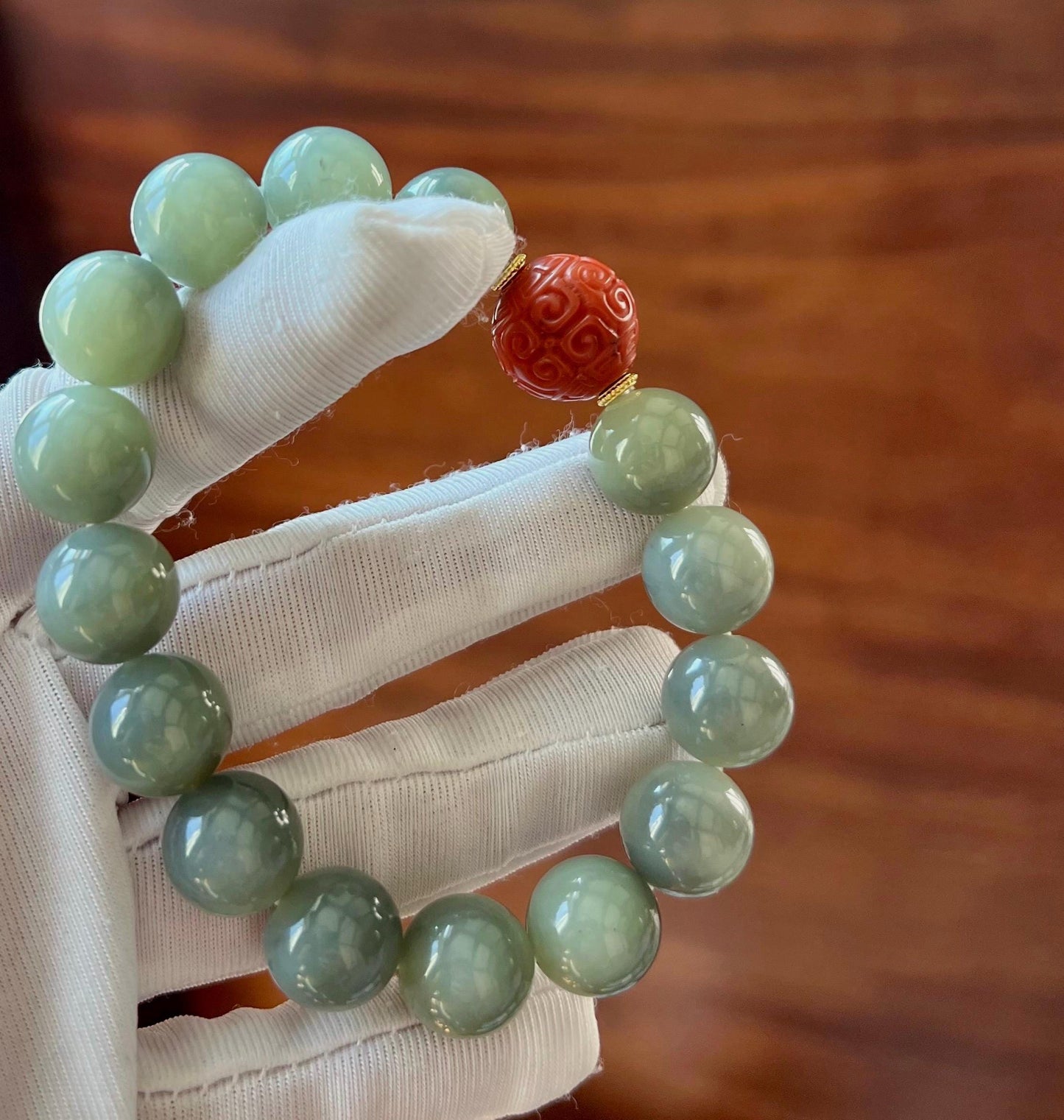 12mm Certified natural jade/Ruoqiang black and green nephrite/Qinghua nephrite beads bracelet/天然软玉 若羌绿底飘墨青花手串 搭配南红雕刻珠 #2907 细度好 油性佳