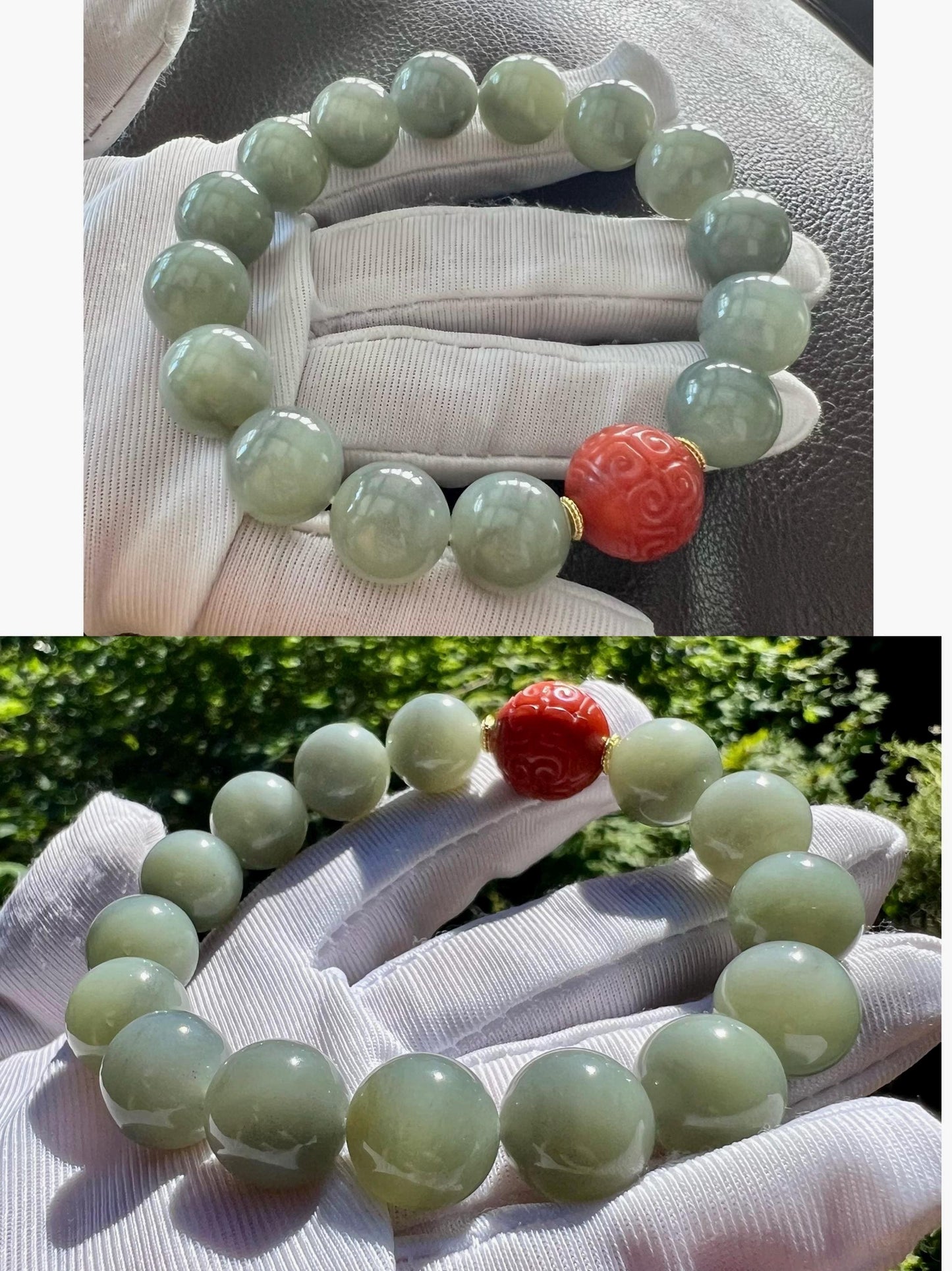 12mm Certified natural jade/Ruoqiang black and green nephrite/Qinghua nephrite beads bracelet/天然软玉 若羌绿底飘墨青花手串 搭配南红雕刻珠 #2907 细度好 油性佳