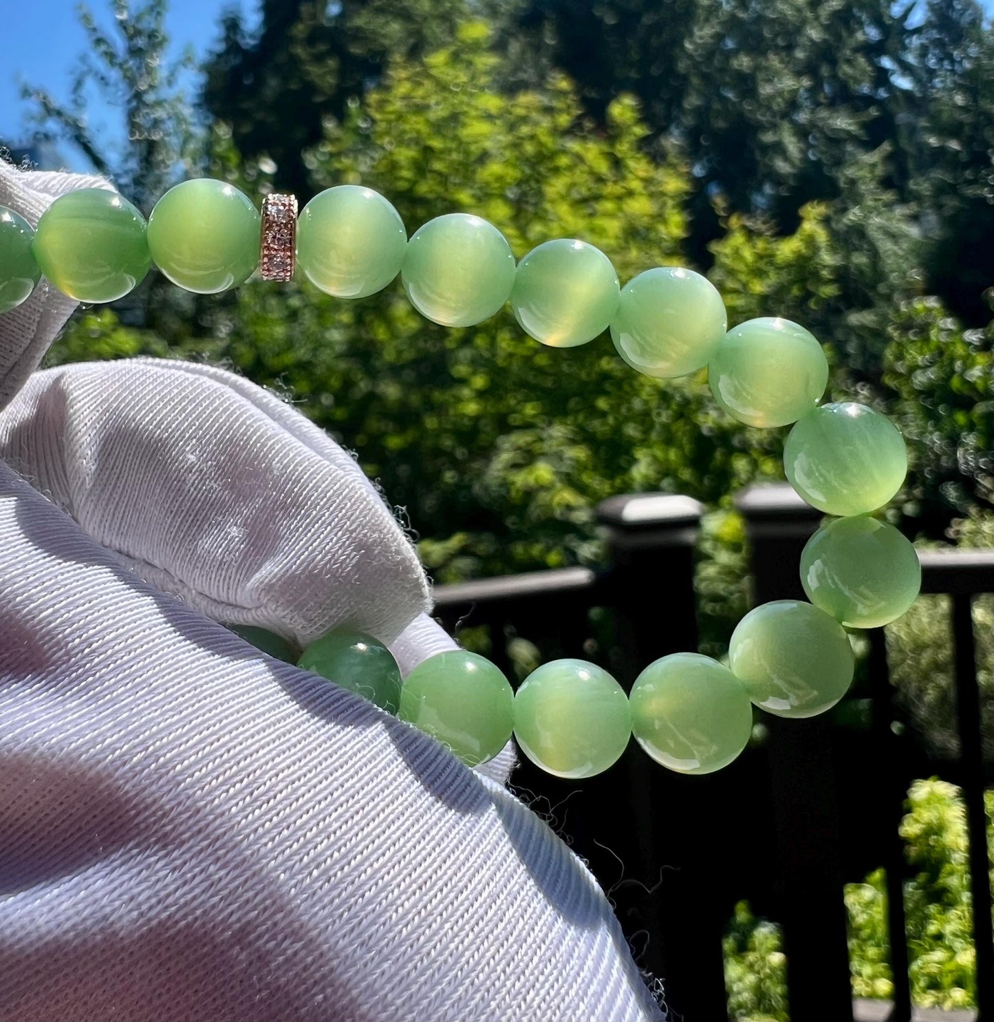 8mm Certified natural nephrite green jade/vivid chatoyant green nephrite Bracelet天然精品 碧玉手串 粉绿/粉青猫眼#3068 一线活猫
