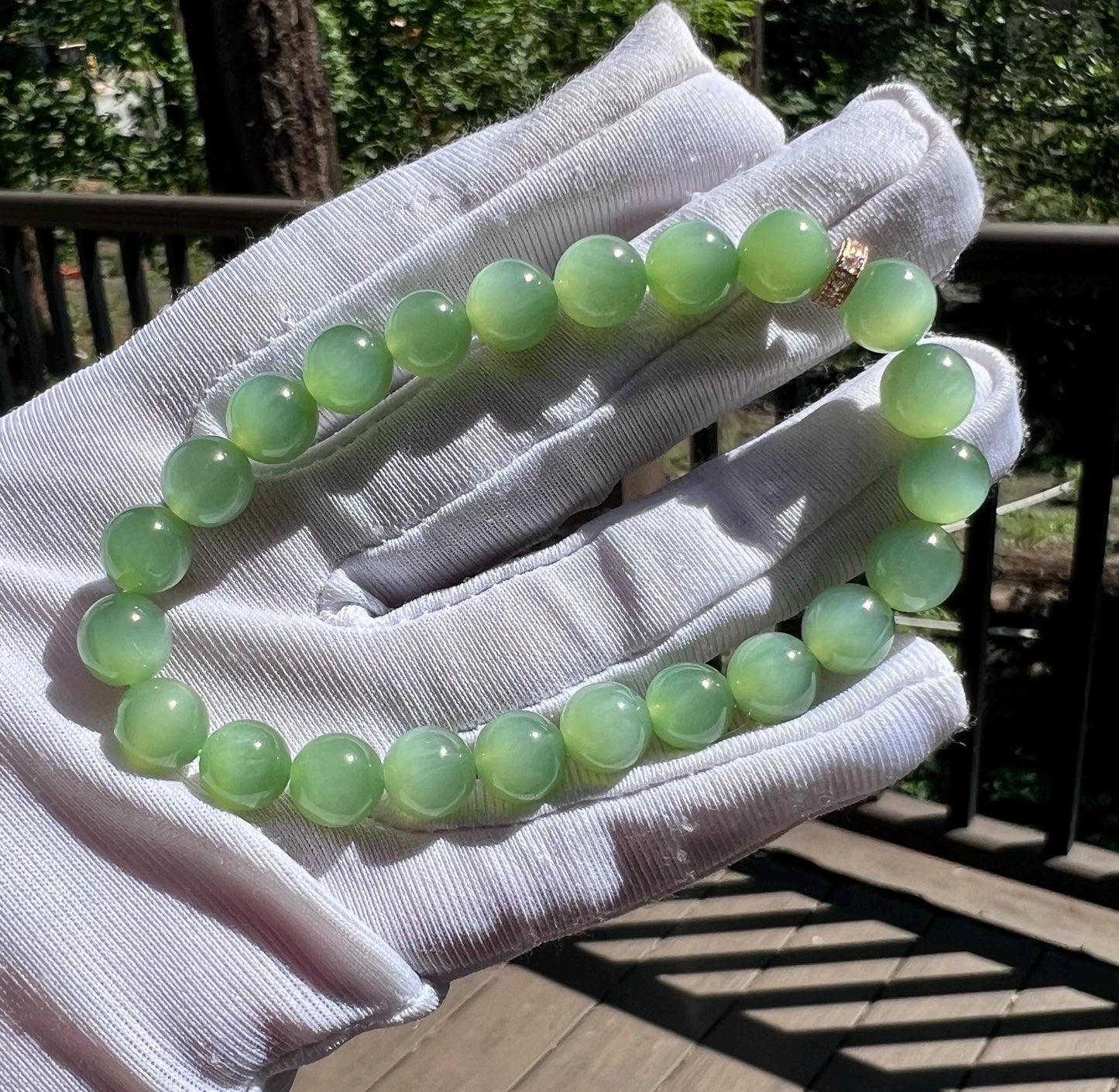 8mm Certified natural nephrite green jade/vivid chatoyant green nephrite Bracelet天然精品 碧玉手串 粉绿/粉青猫眼#3068 一线活猫