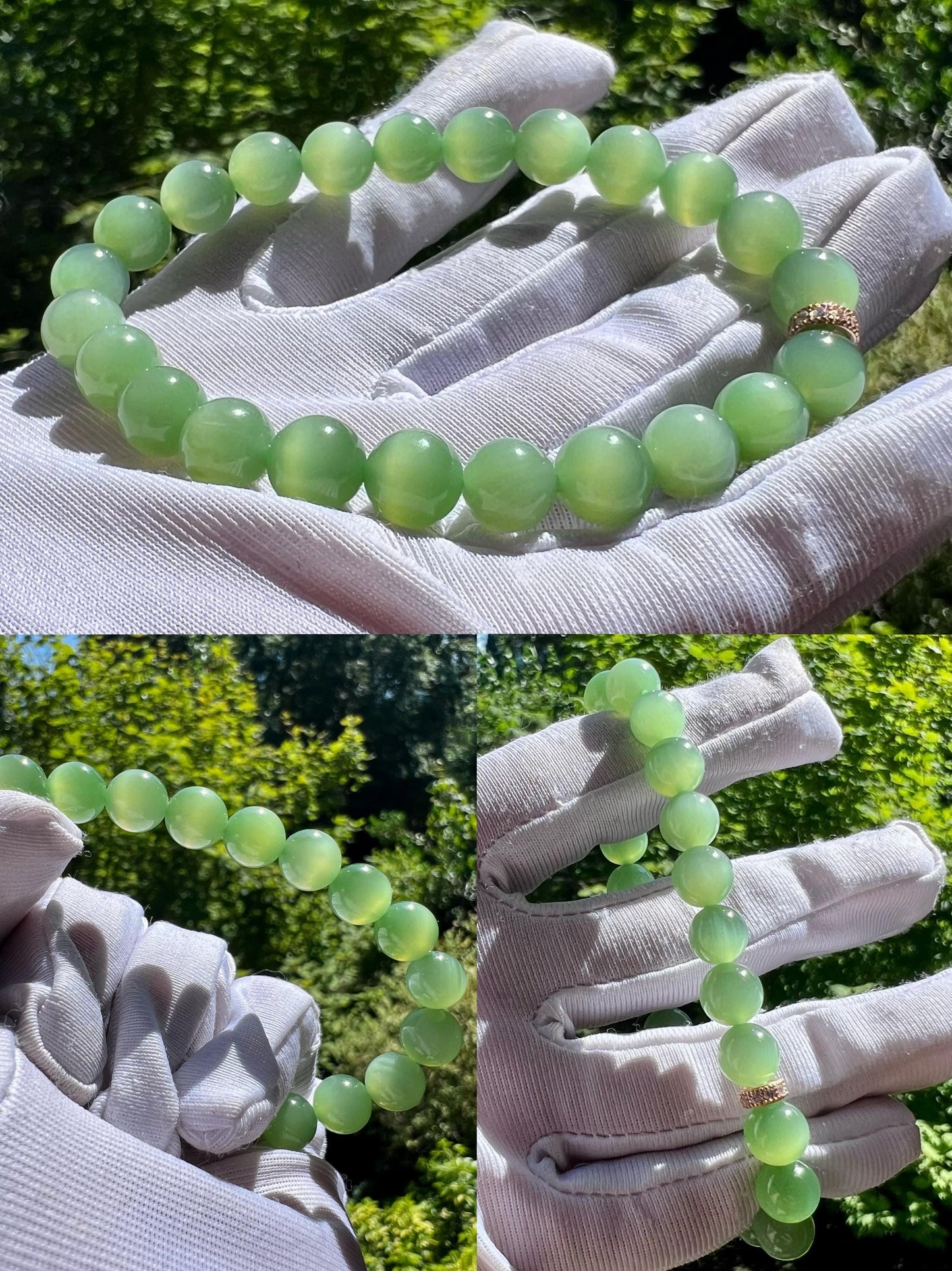 8mm Certified natural nephrite green jade/vivid chatoyant green nephrite Bracelet天然精品 碧玉手串 粉绿/粉青猫眼#3068 一线活猫
