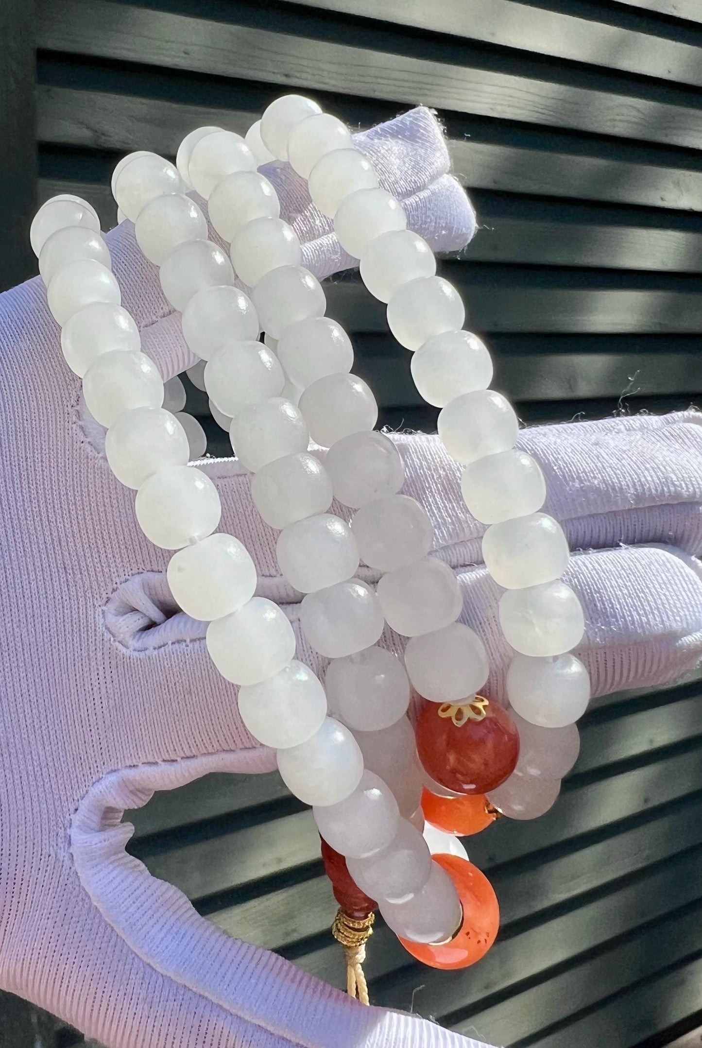 8*7mm Certified natural jade/Qinghai White nephrite necklace 108 beads/multi-wrap bracelet /with Nanhong agate 天然精品软玉 青海白玉项链 108 多用链/多圈手链#1263 冰润细白