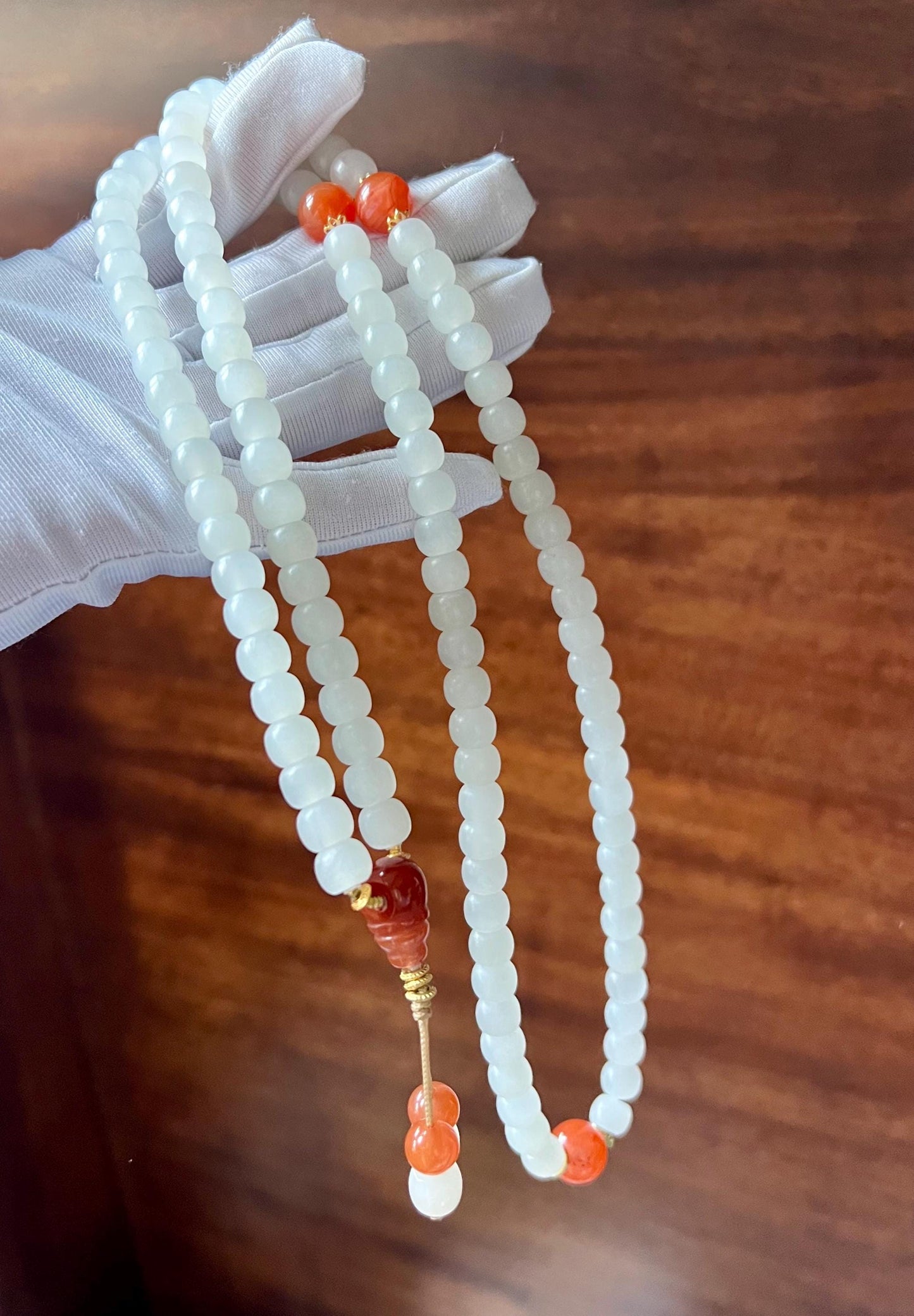 8*7mm Certified natural jade/Qinghai White nephrite necklace 108 beads/multi-wrap bracelet /with Nanhong agate 天然精品软玉 青海白玉项链 108 多用链/多圈手链#1263 冰润细白