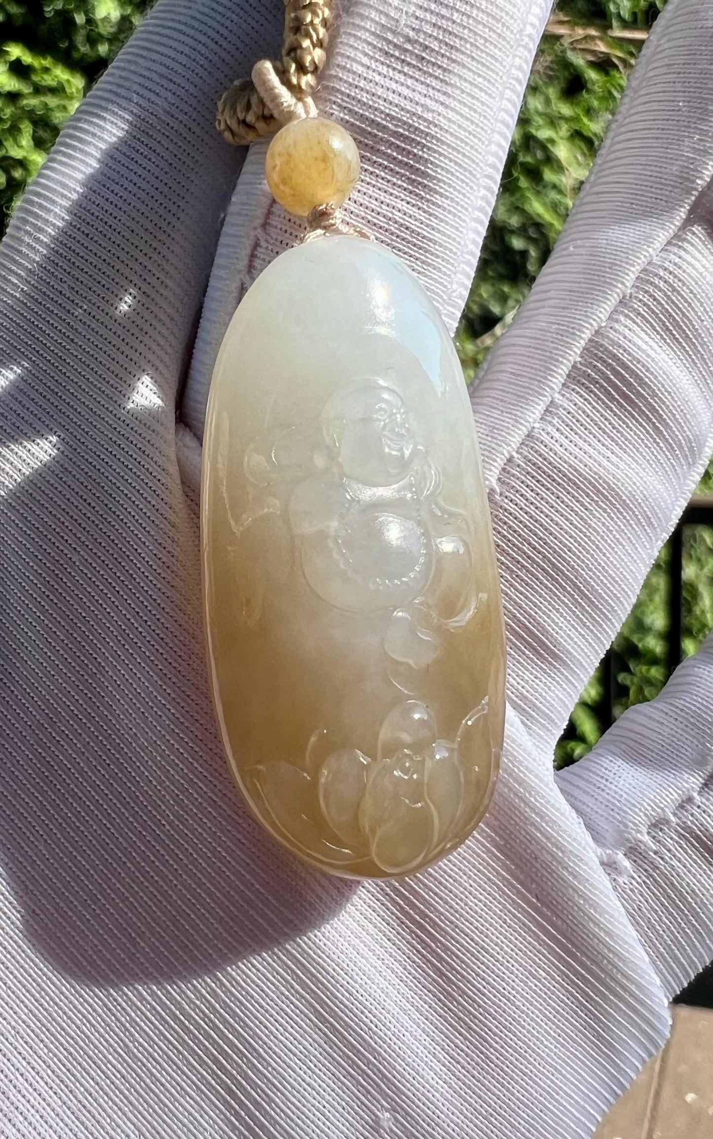 Certified natural jade/ Siberian brown white nephrite carved Maitreya Buddha pendant necklace/ 天然软玉 俄料糖白玉笑佛 弥勒佛吊坠 一级白 #1085