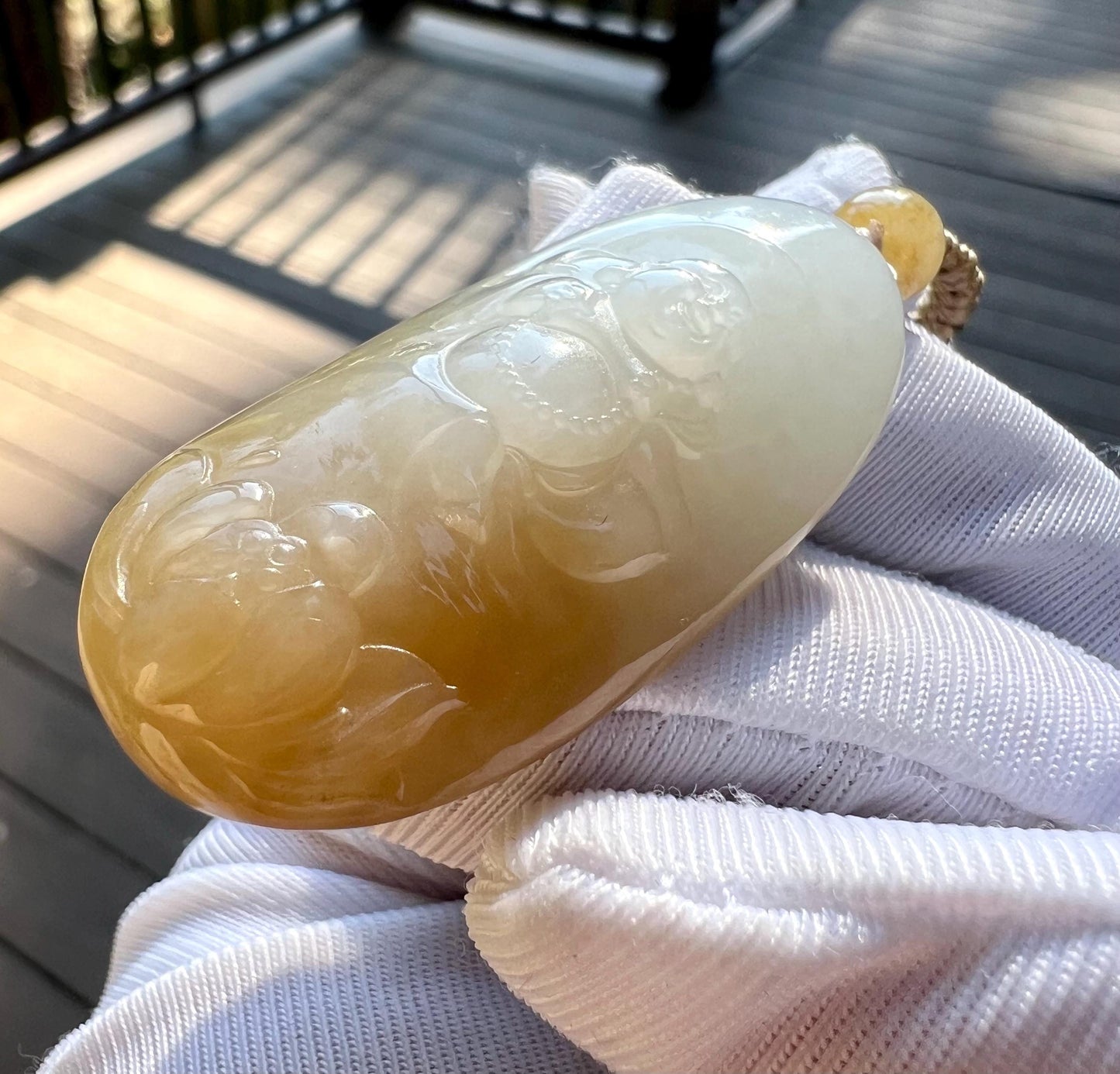 Certified natural jade/ Siberian brown white nephrite carved Maitreya Buddha pendant necklace/ 天然软玉 俄料糖白玉笑佛 弥勒佛吊坠 一级白 #1085