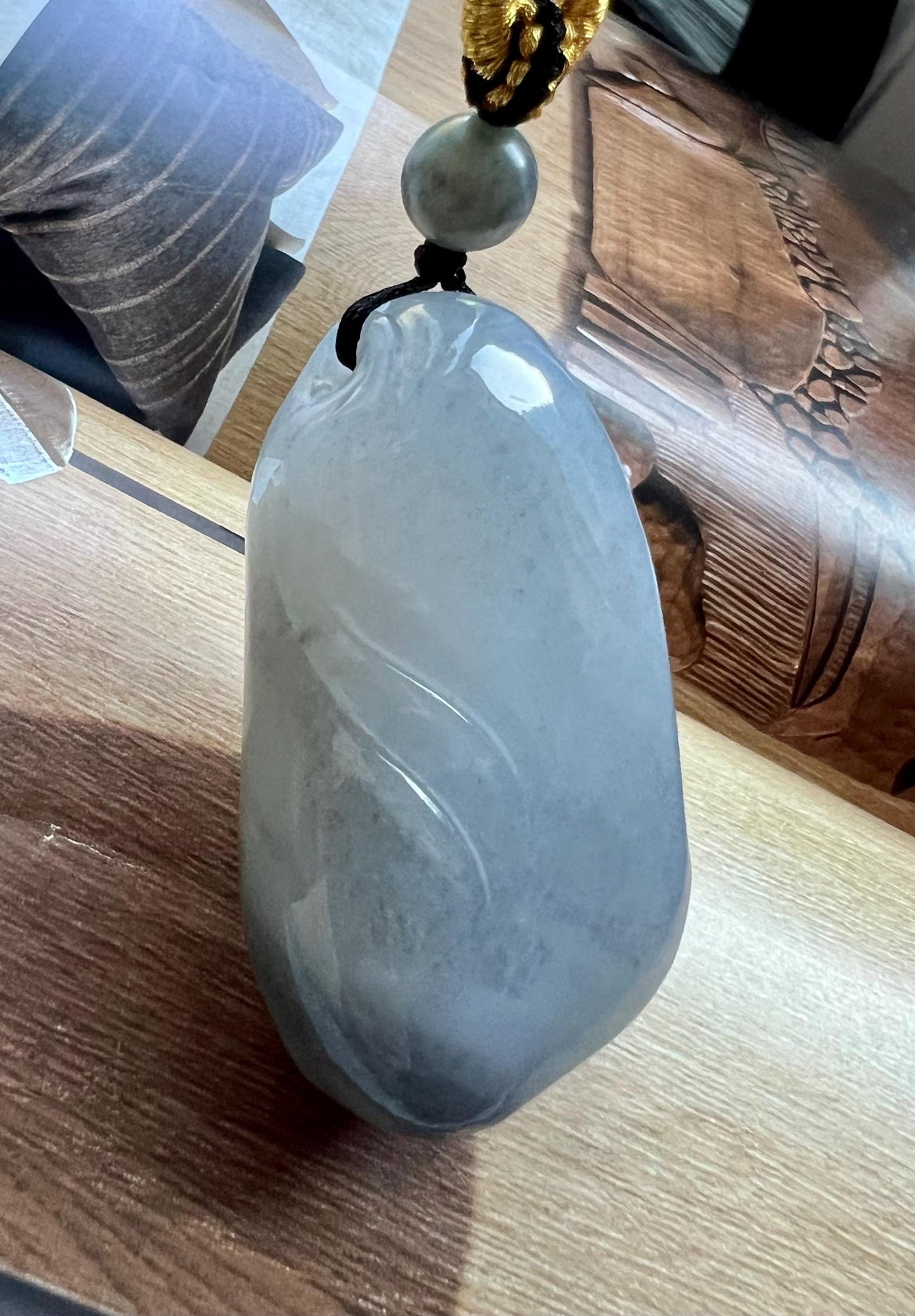 Certified natural jade /Yulong river Qinghua nephrite nothing pendant necklace/river nephrite with original skin/freeform pendant 天然软玉 玉龙河子料青花随形吊坠 #3464 清水皮