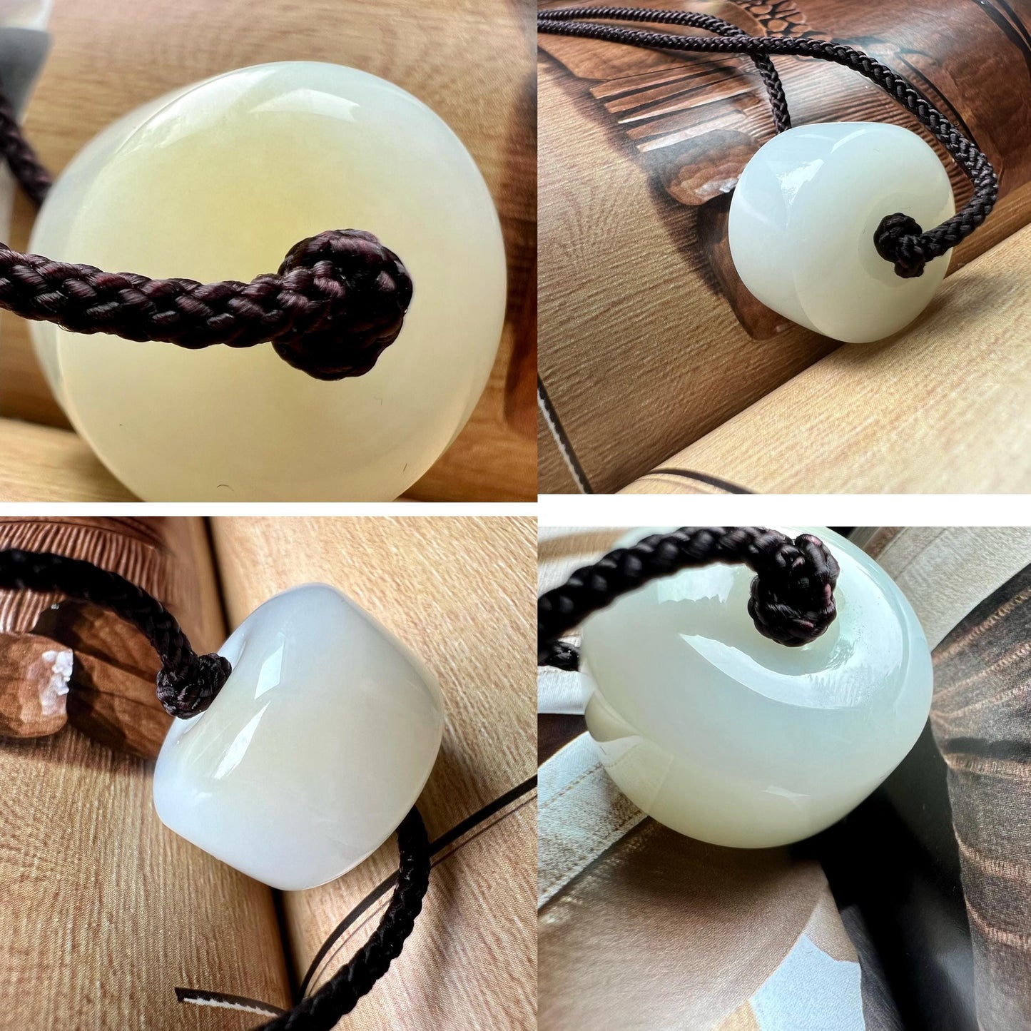 Certified natural jade/Siberian brown white Nephrite donut lucky pendant/circle safety pendant necklace 天然软玉 俄料糖白玉 转运珠 平安扣 吊坠项链 #6819 一口糖 亮白细润 胖墩墩
