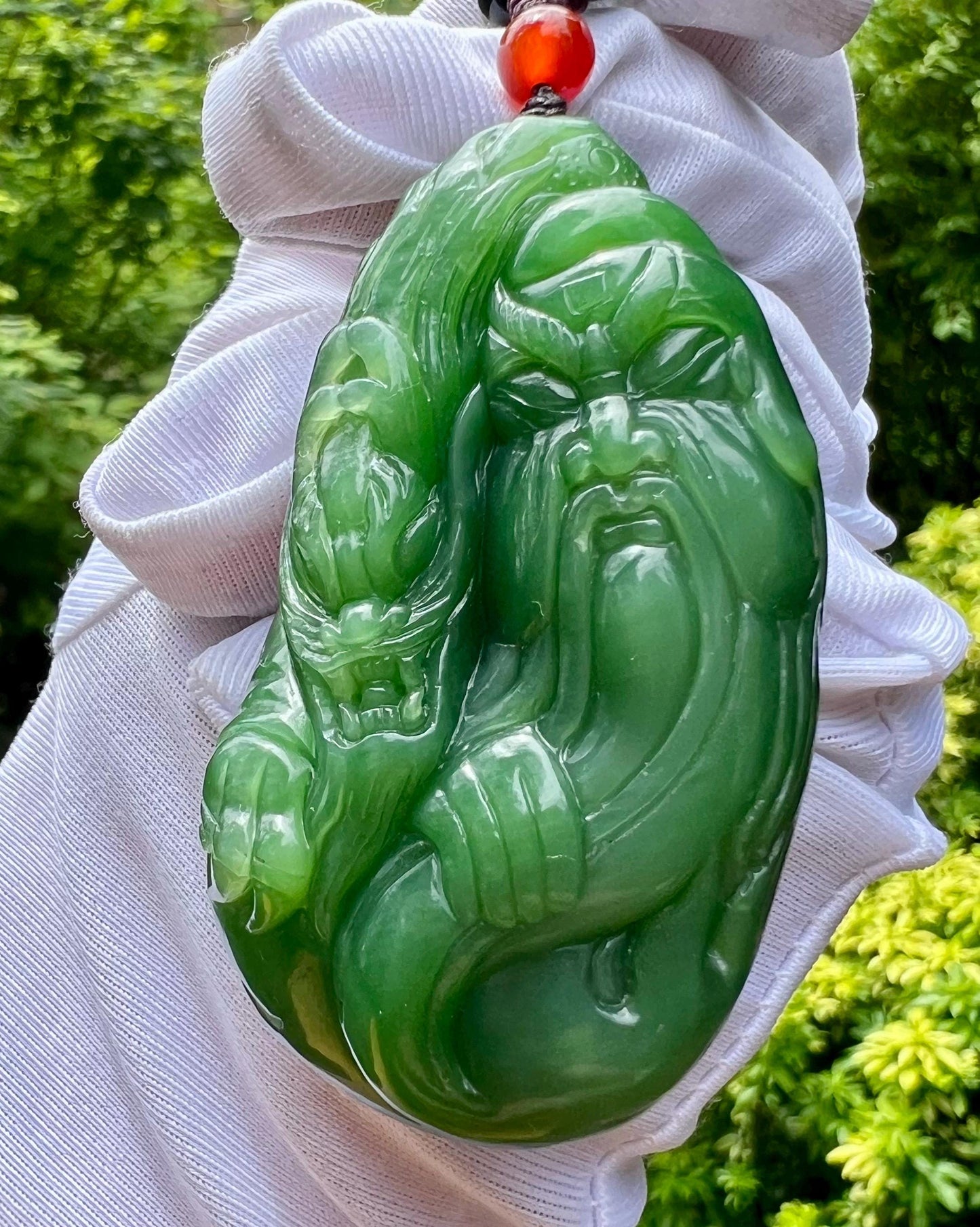 Certified natural nephrite green jade/Siberian green nephrite carved GuanGong dragon pendant necklace/rich bright green 天然精品软玉 俄料碧玉 关公武财神吊坠 #0628浓粉阳绿