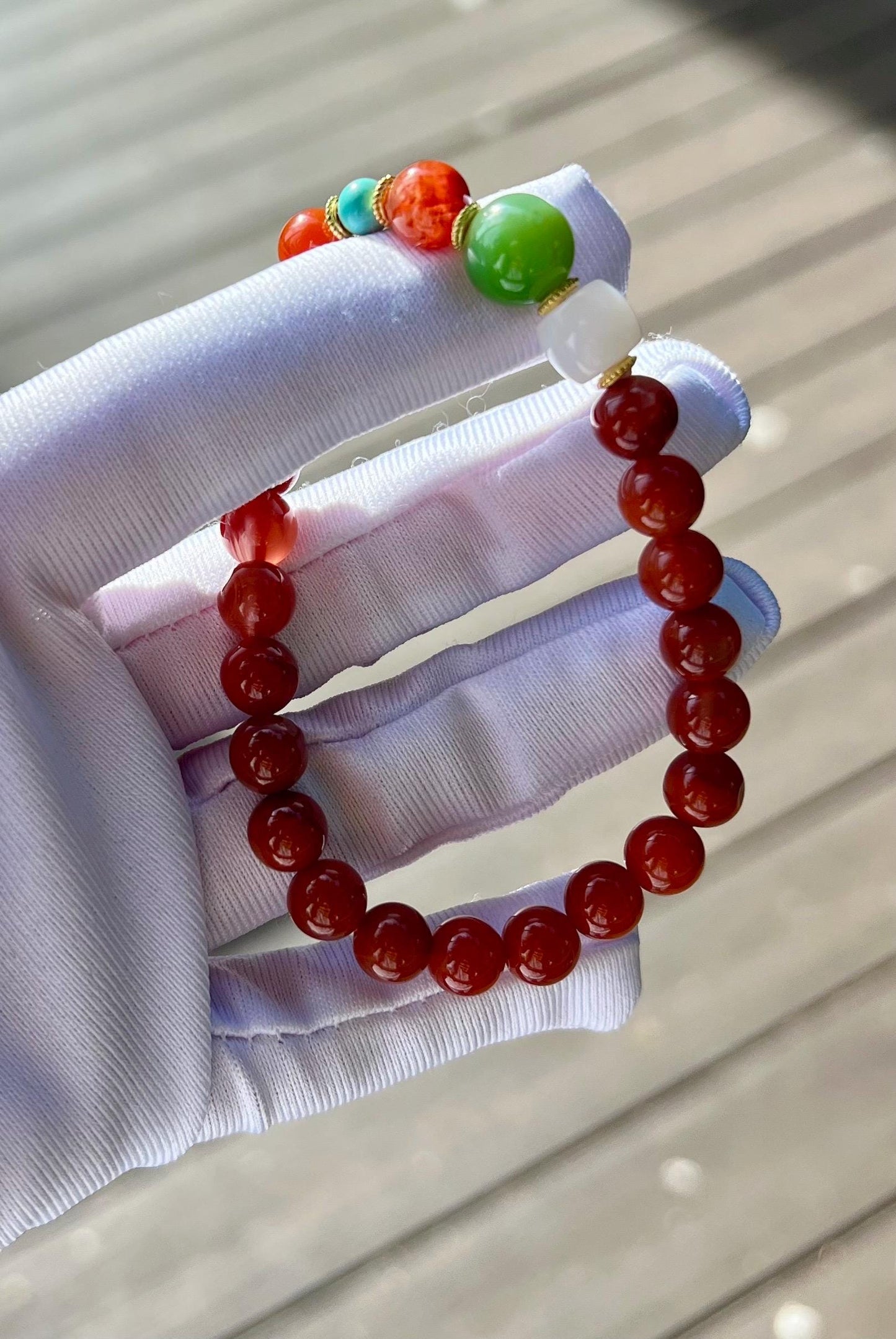 7.4mm Certified natural Nanhong agate/Sichuan Waxi, Southern Red Agate, Chinese Red Agate 天然精品南红玛瑙 四川瓦西 柿子红玫瑰红双色 火焰纹手串#1775 搭配碧玉 白玉 绿松石