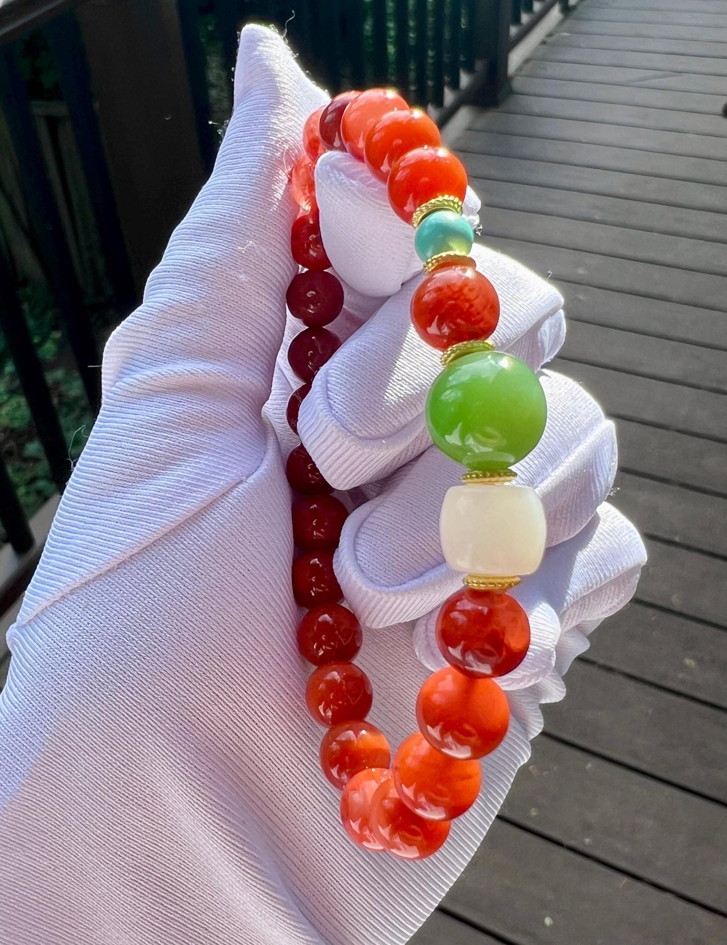 7.4mm Certified natural Nanhong agate/Sichuan Waxi, Southern Red Agate, Chinese Red Agate 天然精品南红玛瑙 四川瓦西 柿子红玫瑰红双色 火焰纹手串#1775 搭配碧玉 白玉 绿松石