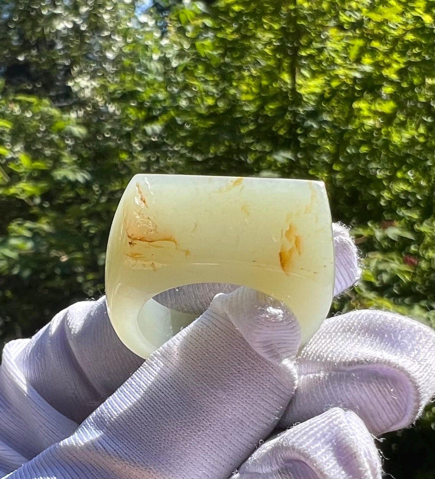 19mm Certified natural jade/Yulong River greenish white Nephrite ring / nephrite band ring 天然软玉 子料青白玉扳指 指环/戒圈 马鞍戒#7394 US size 8.5 原皮毛孔