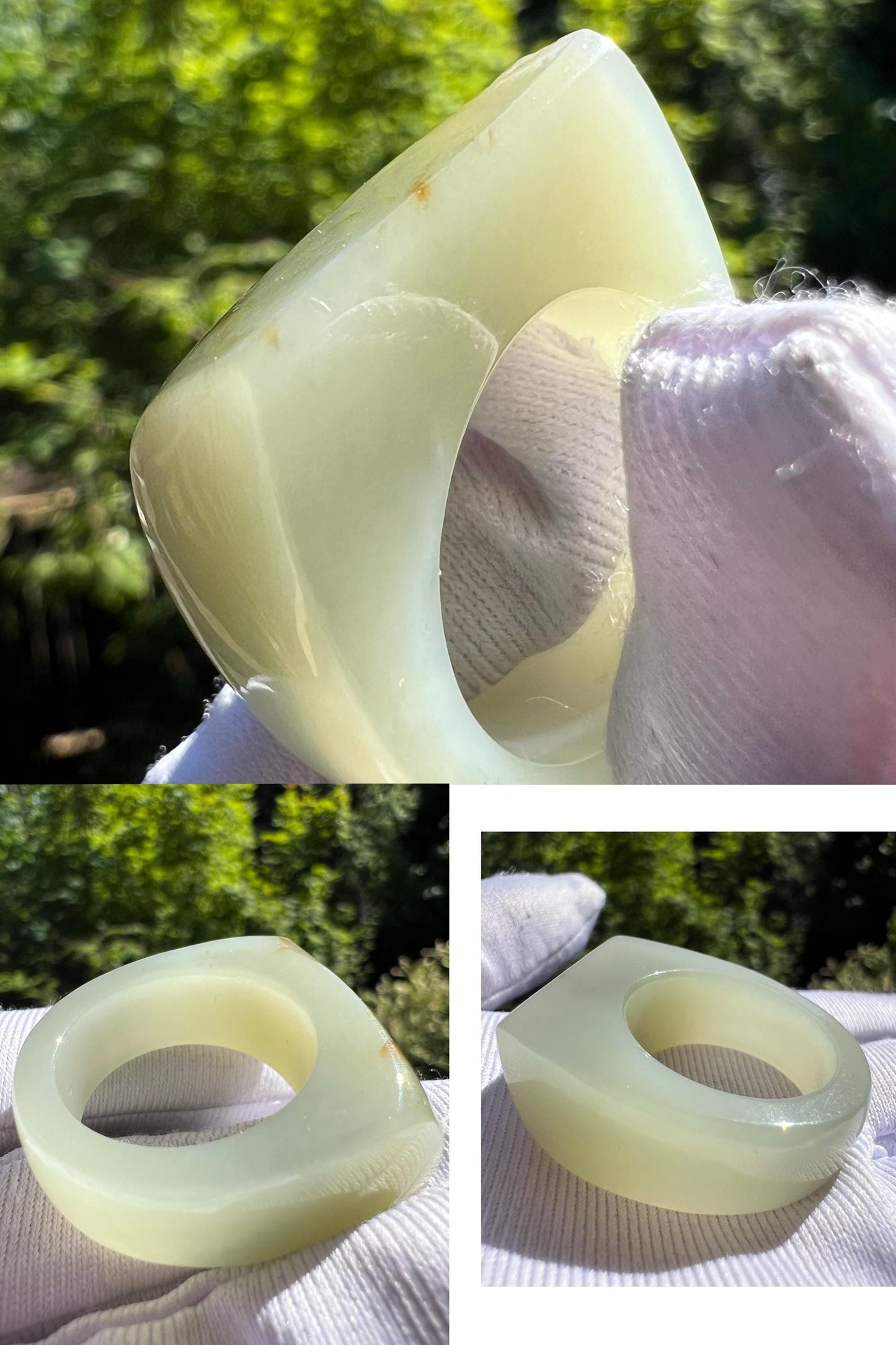 19mm Certified natural jade/Yulong River greenish white Nephrite ring / nephrite band ring 天然软玉 子料青白玉扳指 指环/戒圈 马鞍戒#7394 US size 8.5 原皮毛孔