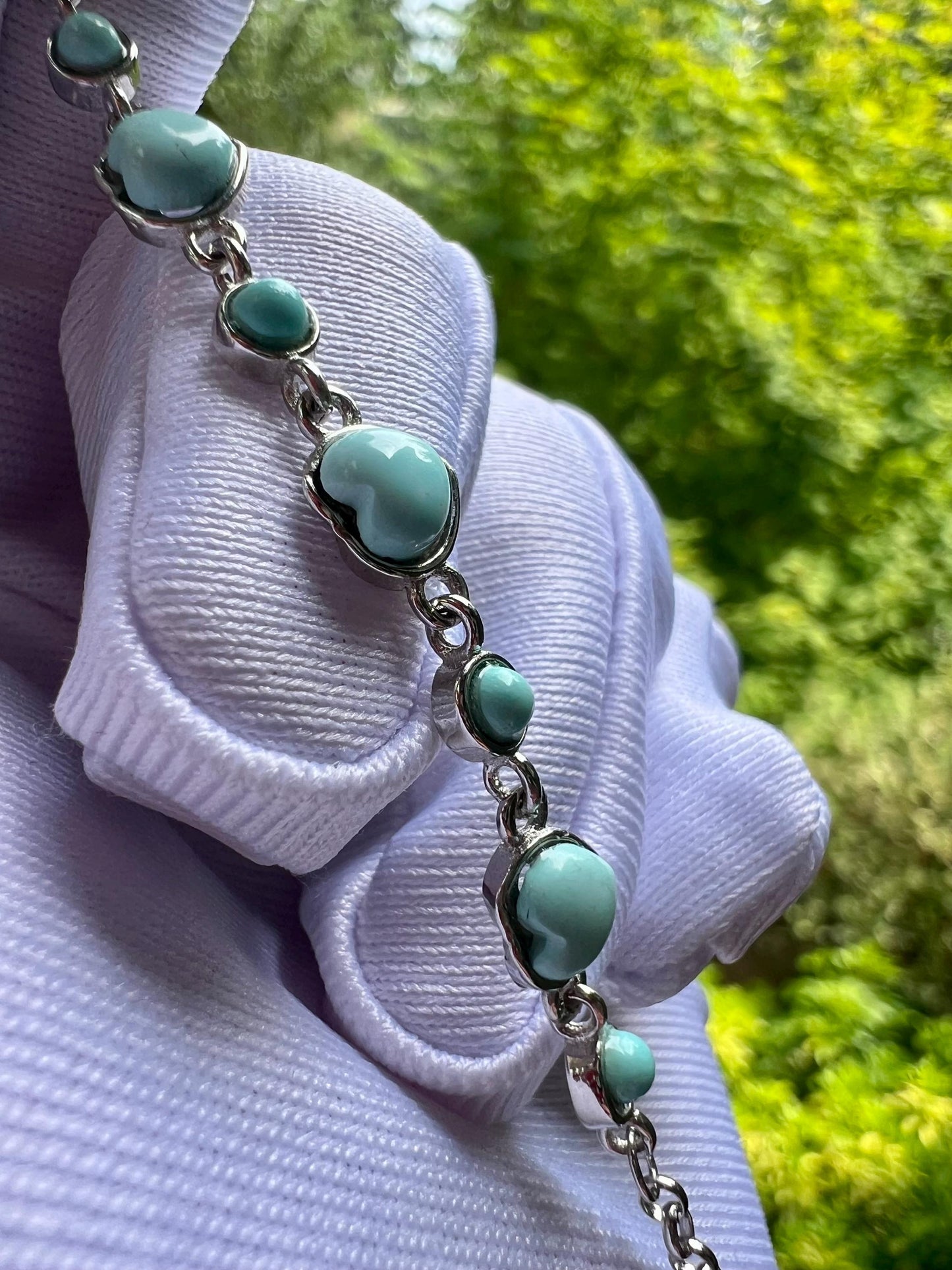 Certified natural turquoise bracelet/Hubei light blue heart shaped turquoise inlaid sterling silver bracelet / 天然 湖北绿松石 纯银手链 #0853 浅蓝爱心
