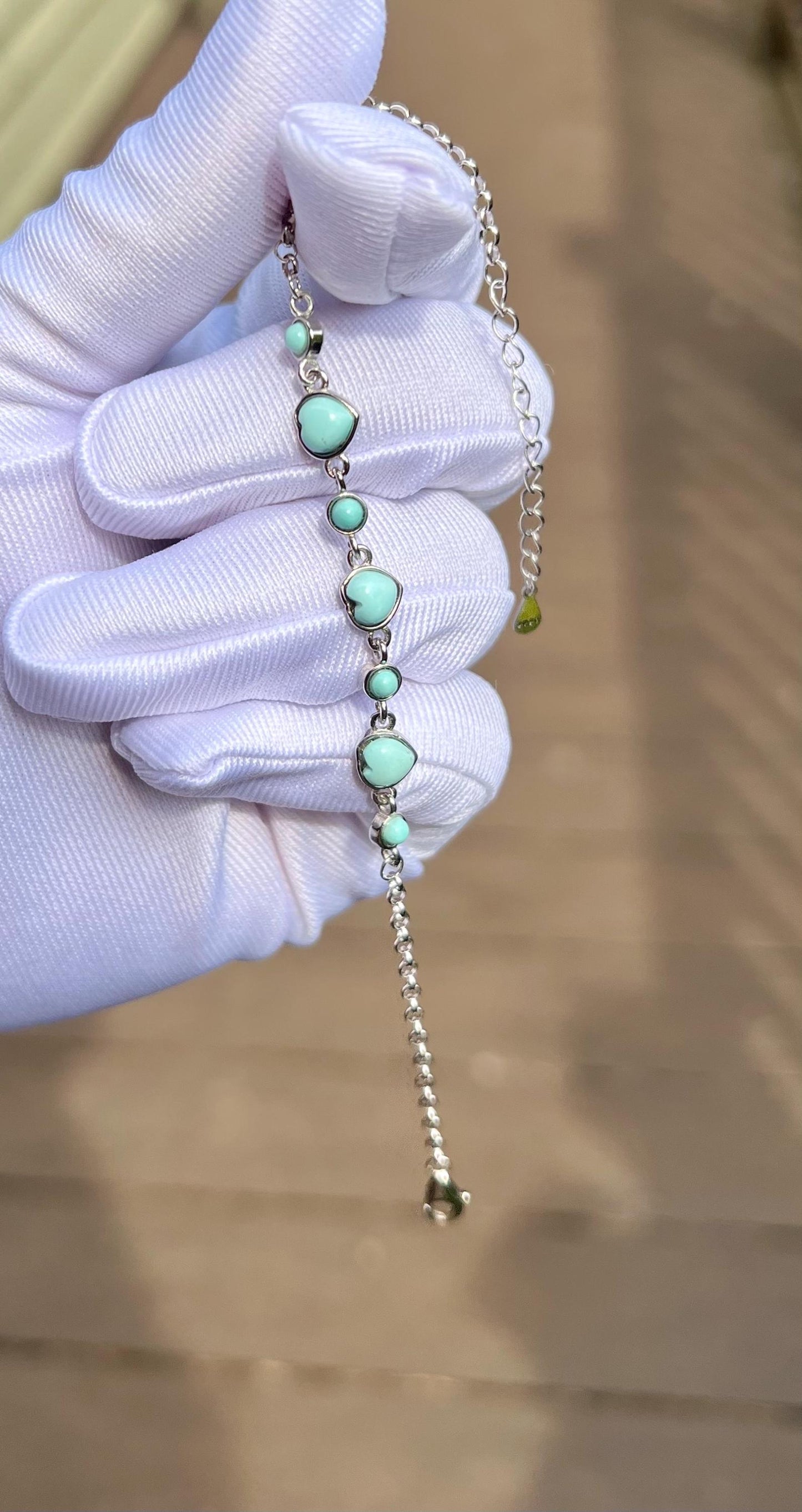 Certified natural turquoise bracelet/Hubei light blue heart shaped turquoise inlaid sterling silver bracelet / 天然 湖北绿松石 纯银手链 #0853 浅蓝爱心