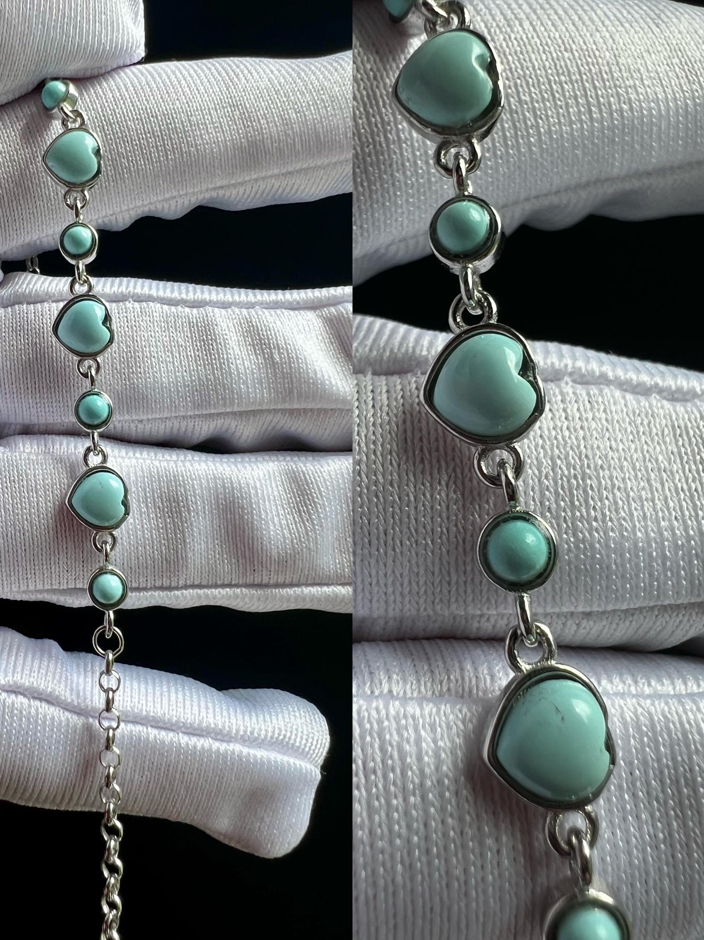 Certified natural turquoise bracelet/Hubei light blue heart shaped turquoise inlaid sterling silver bracelet / 天然 湖北绿松石 纯银手链 #0853 浅蓝爱心