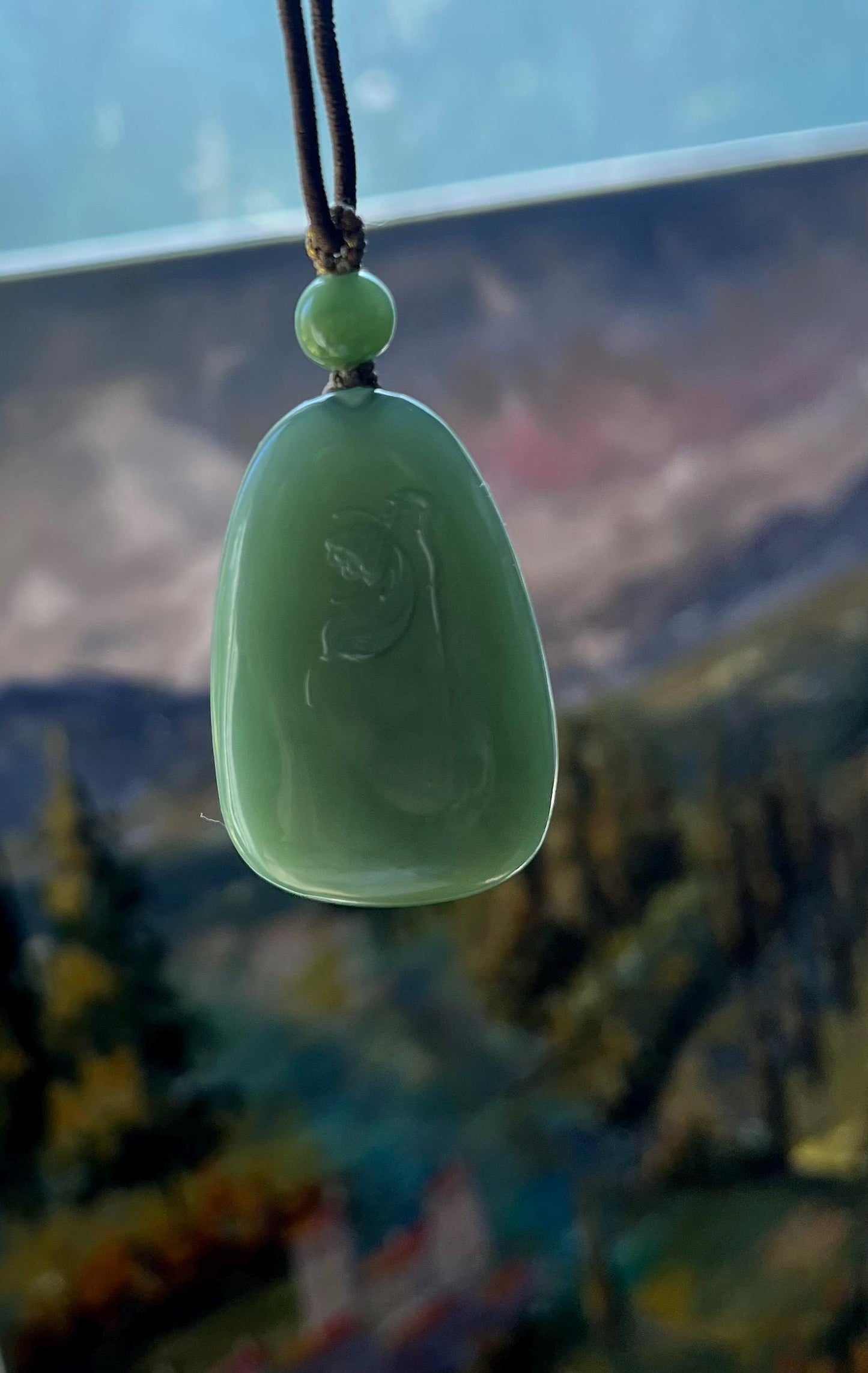 Certified natural nephrite green jade/Siberian green nephrite carved lotus flower pendant/necklace/bluish green 天然软玉 碧玉无事牌 手工雕刻荷花吊坠 肉底粉青起莹光#5098