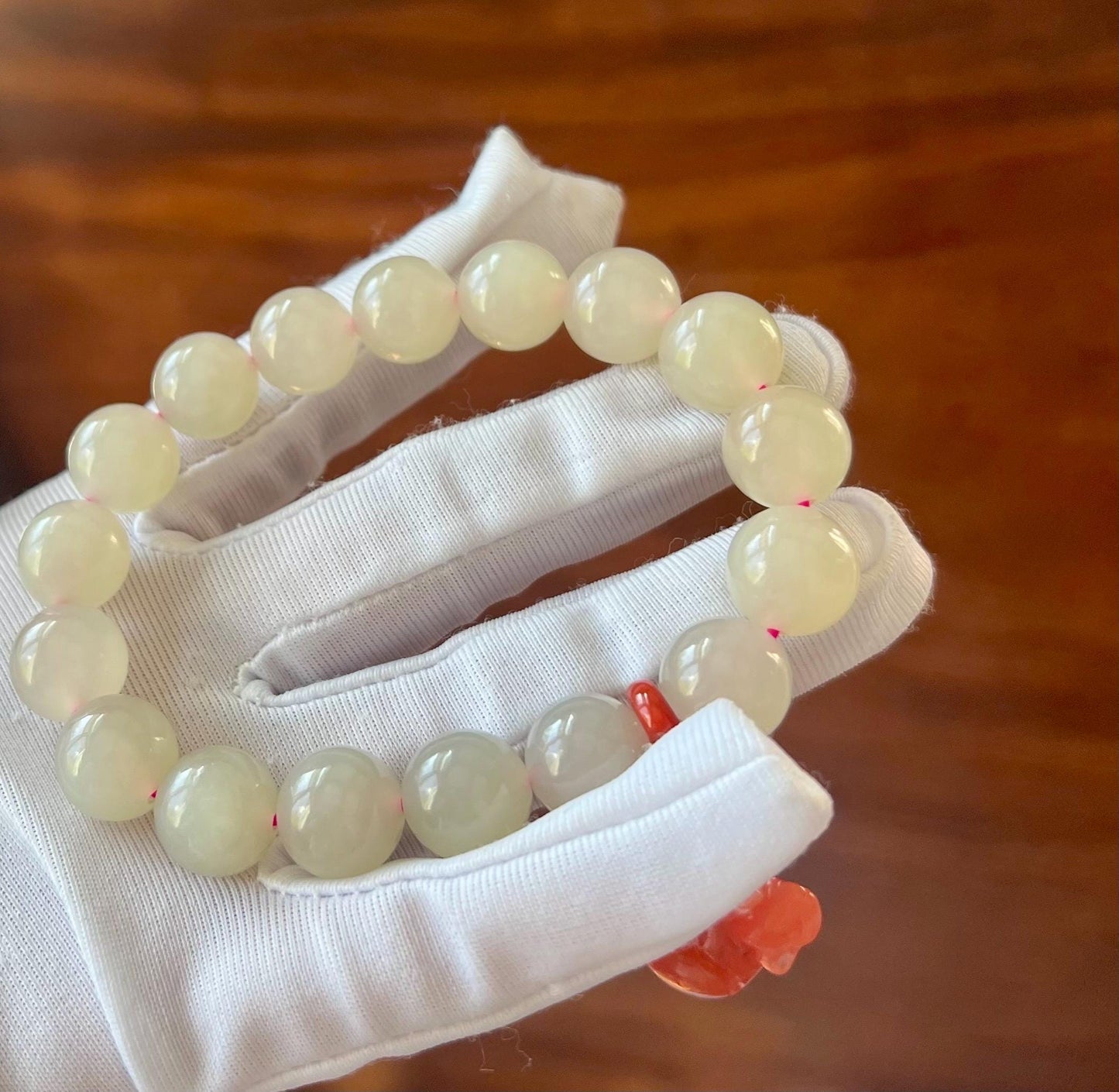 12mm Certified natural jade/Qinghai lotus root pink nephrite bracelet/Baoshan Nanhong mouse charm 天然精品软玉 藕粉手串 冰糯果冻料 胶感足起莹光 #3078 肉粉色 搭配保山南红鼠来宝挂件