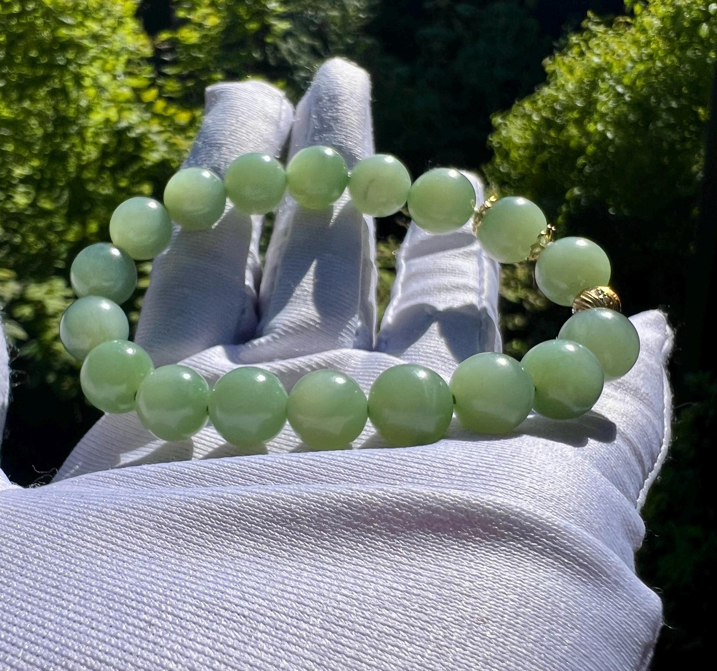10mm Certified natural nephrite green jade/ chatoyant bluish green nephrite Bracelet天然 碧玉手串 冰糯起莹光 猫眼粉青 #3078